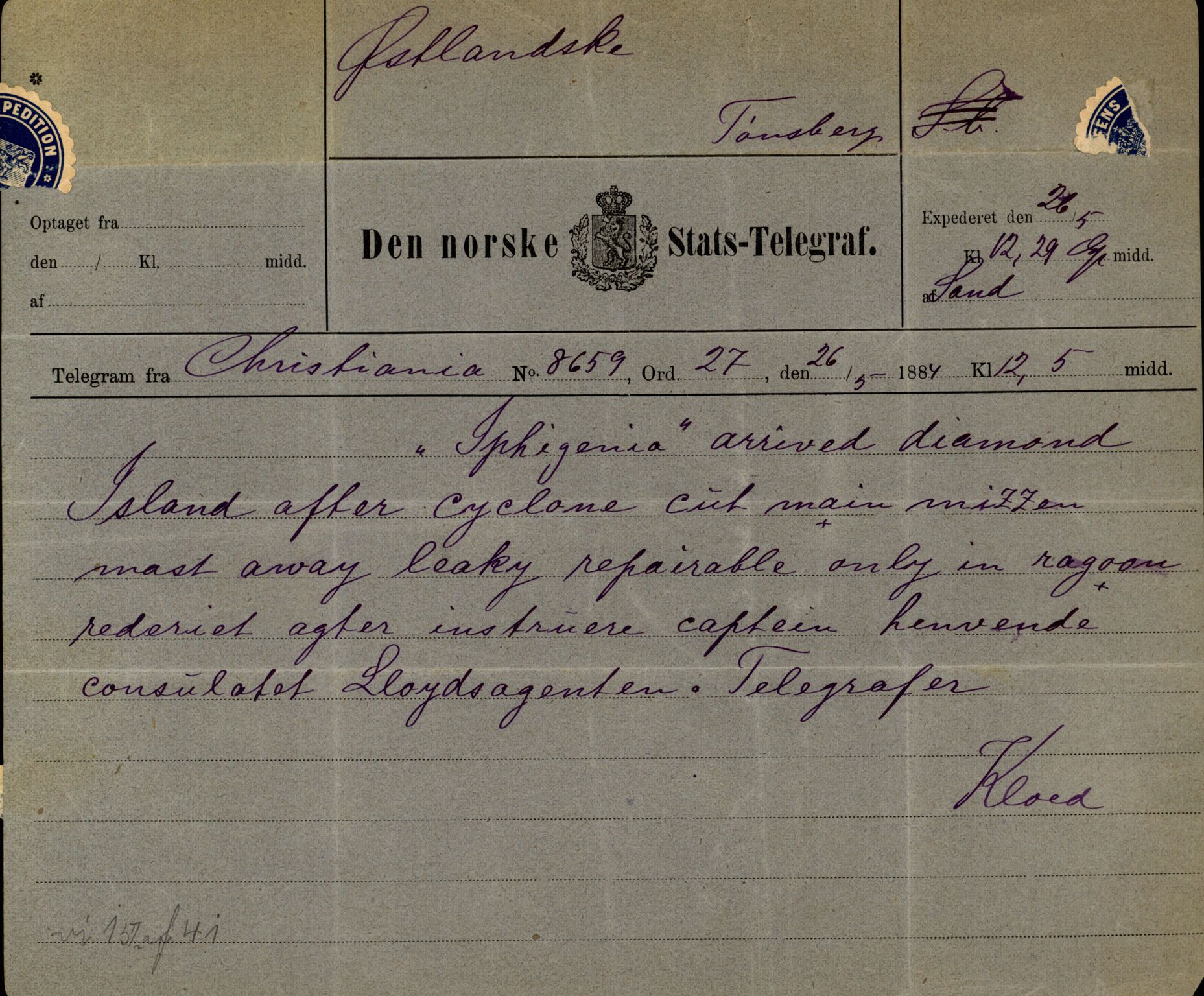 Pa 63 - Østlandske skibsassuranceforening, VEMU/A-1079/G/Ga/L0017/0014: Havaridokumenter / Petrus, Vera, Venus, Iphigenia, Jarlsberg, Harmonia, 1884, p. 61