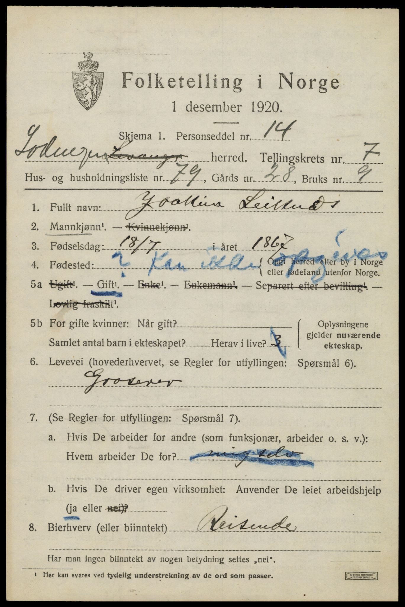 SAT, 1920 census for Lødingen, 1920, p. 5287