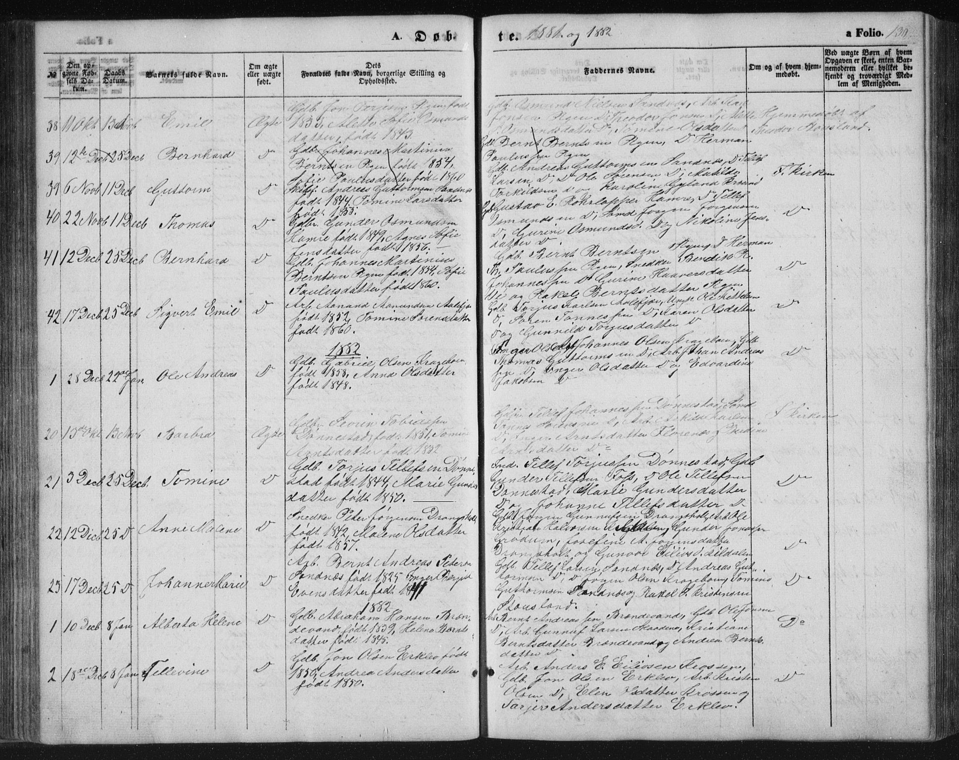 Tveit sokneprestkontor, SAK/1111-0043/F/Fb/L0003: Parish register (copy) no. B 3, 1854-1886, p. 130