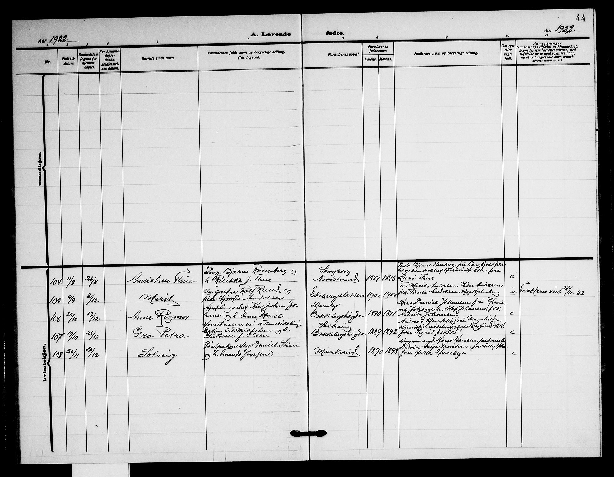 Nordstrand prestekontor Kirkebøker, AV/SAO-A-10362a/G/Ga/L0002: Parish register (copy) no. I 2, 1918-1925, p. 44