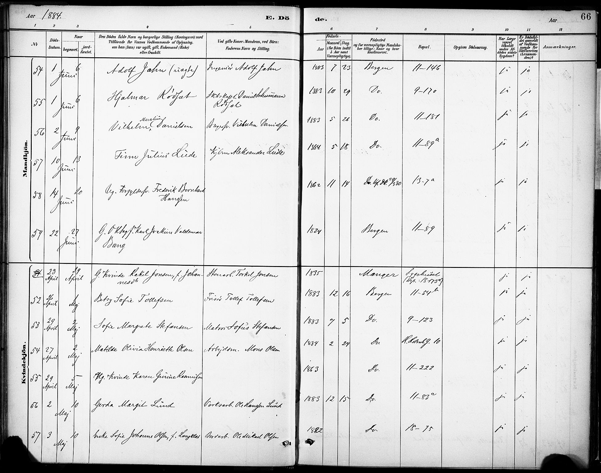 Domkirken sokneprestembete, AV/SAB-A-74801/H/Haa/L0043: Parish register (official) no. E 5, 1882-1904, p. 66