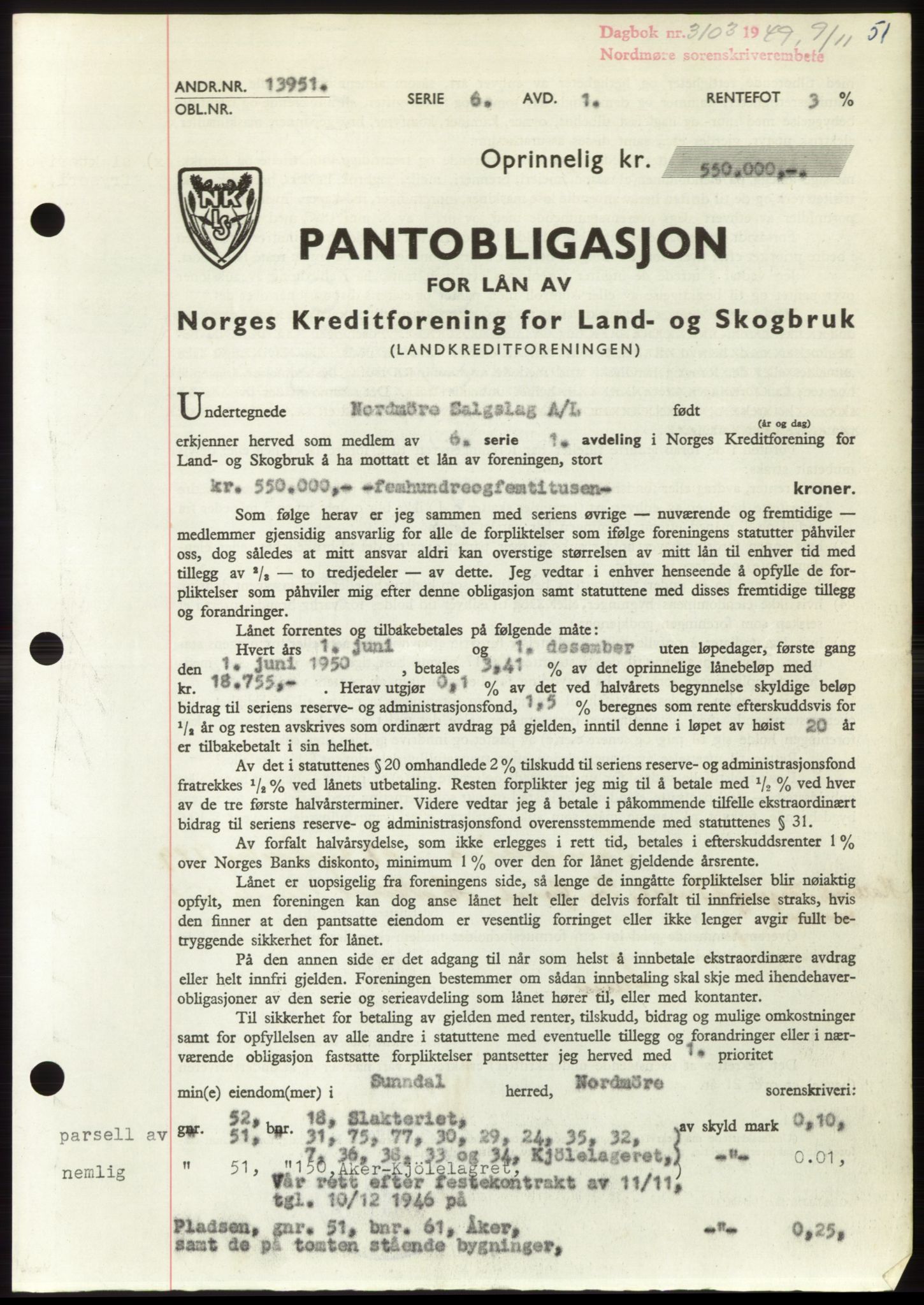 Nordmøre sorenskriveri, AV/SAT-A-4132/1/2/2Ca: Mortgage book no. B103, 1949-1950, Diary no: : 3103/1949