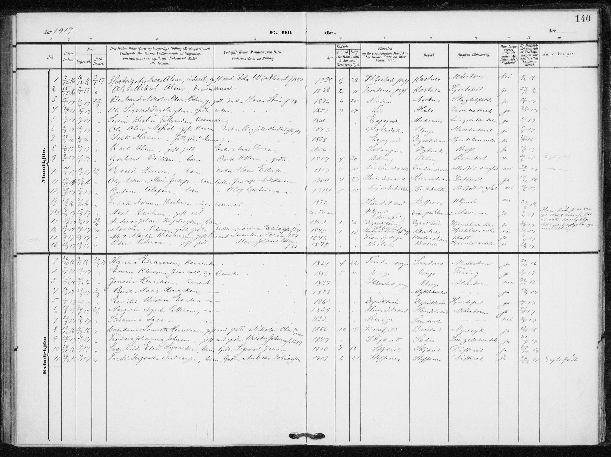 Tranøy sokneprestkontor, SATØ/S-1313/I/Ia/Iaa/L0013kirke: Parish register (official) no. 13, 1905-1922, p. 140