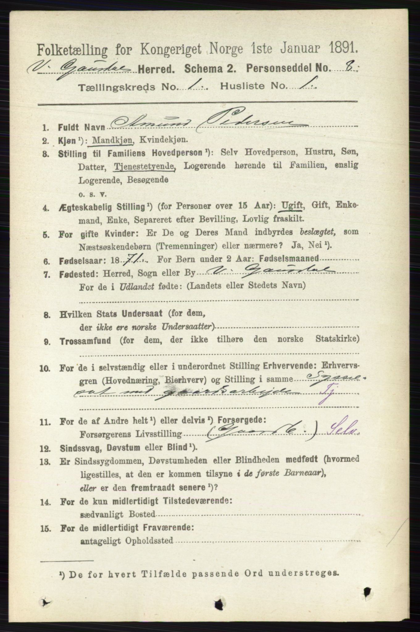 RA, 1891 census for 0523 Vestre Gausdal, 1891, p. 89