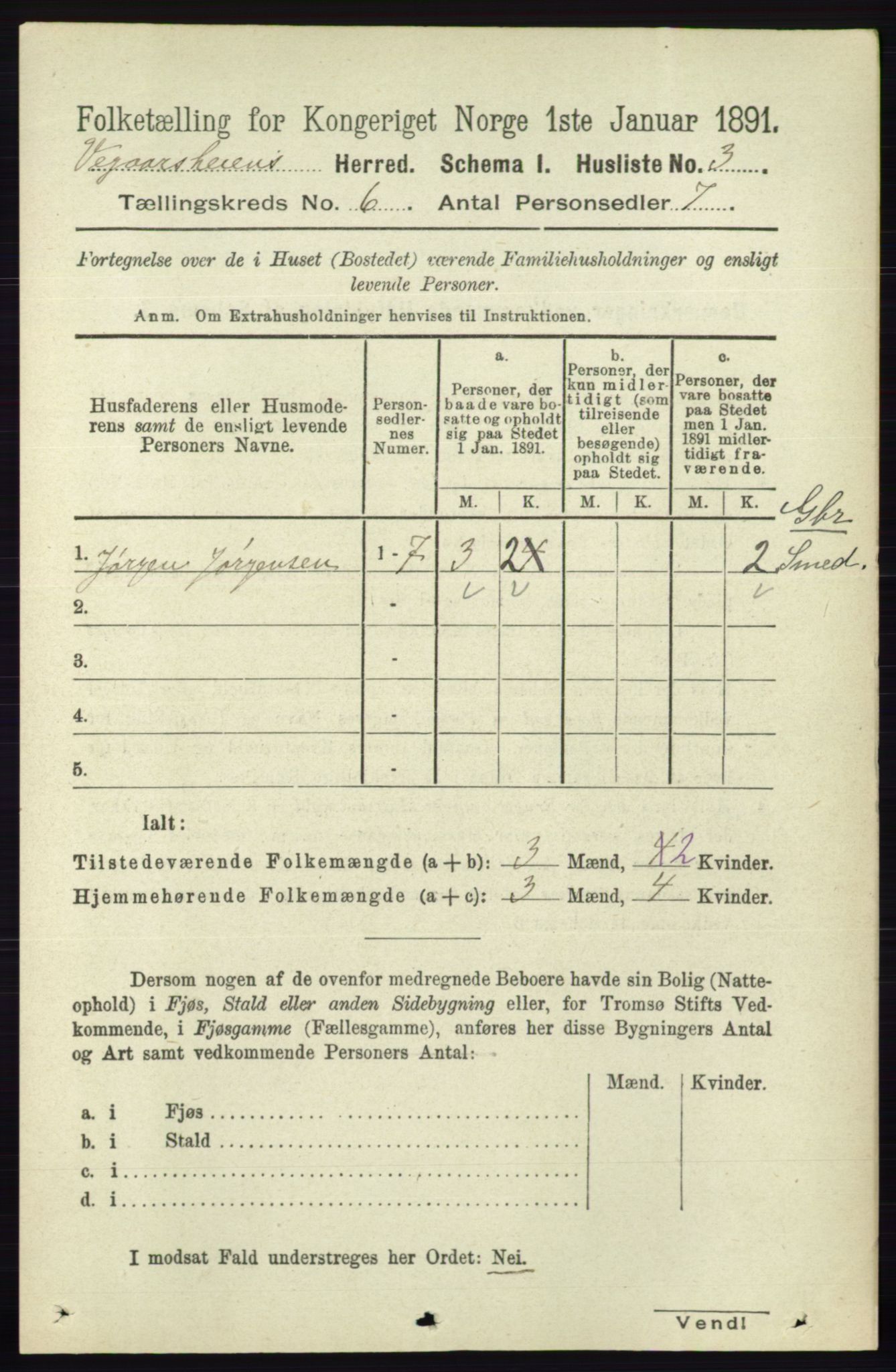 RA, 1891 census for 0912 Vegårshei, 1891, p. 1144