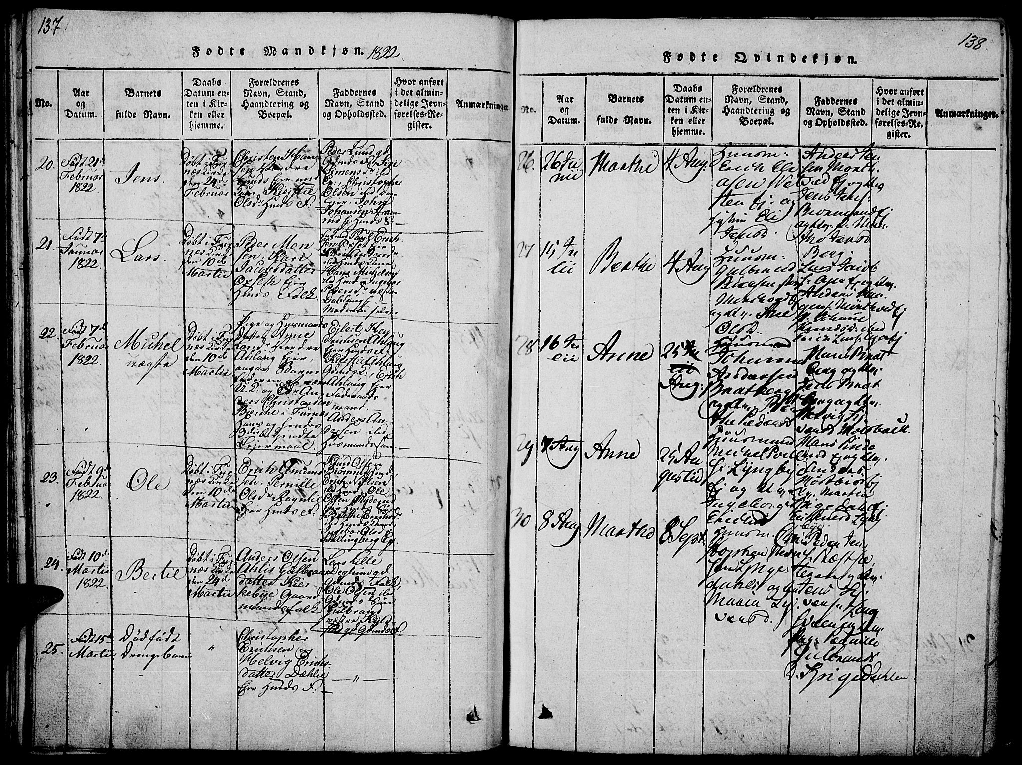 Vang prestekontor, Hedmark, SAH/PREST-008/H/Ha/Haa/L0008: Parish register (official) no. 8, 1815-1826, p. 137-138