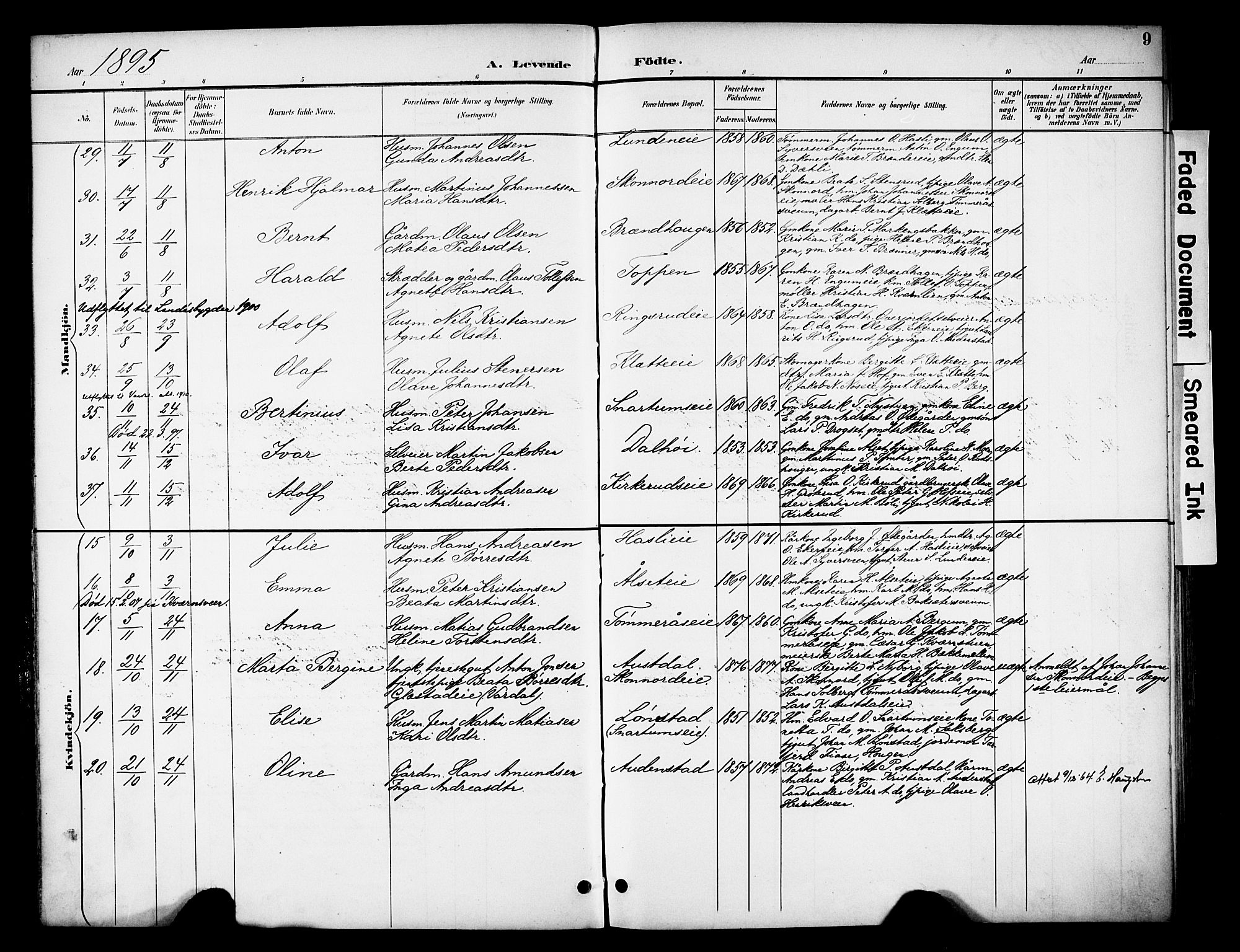Biri prestekontor, AV/SAH-PREST-096/H/Ha/Haa/L0008: Parish register (official) no. 8, 1894-1901, p. 9