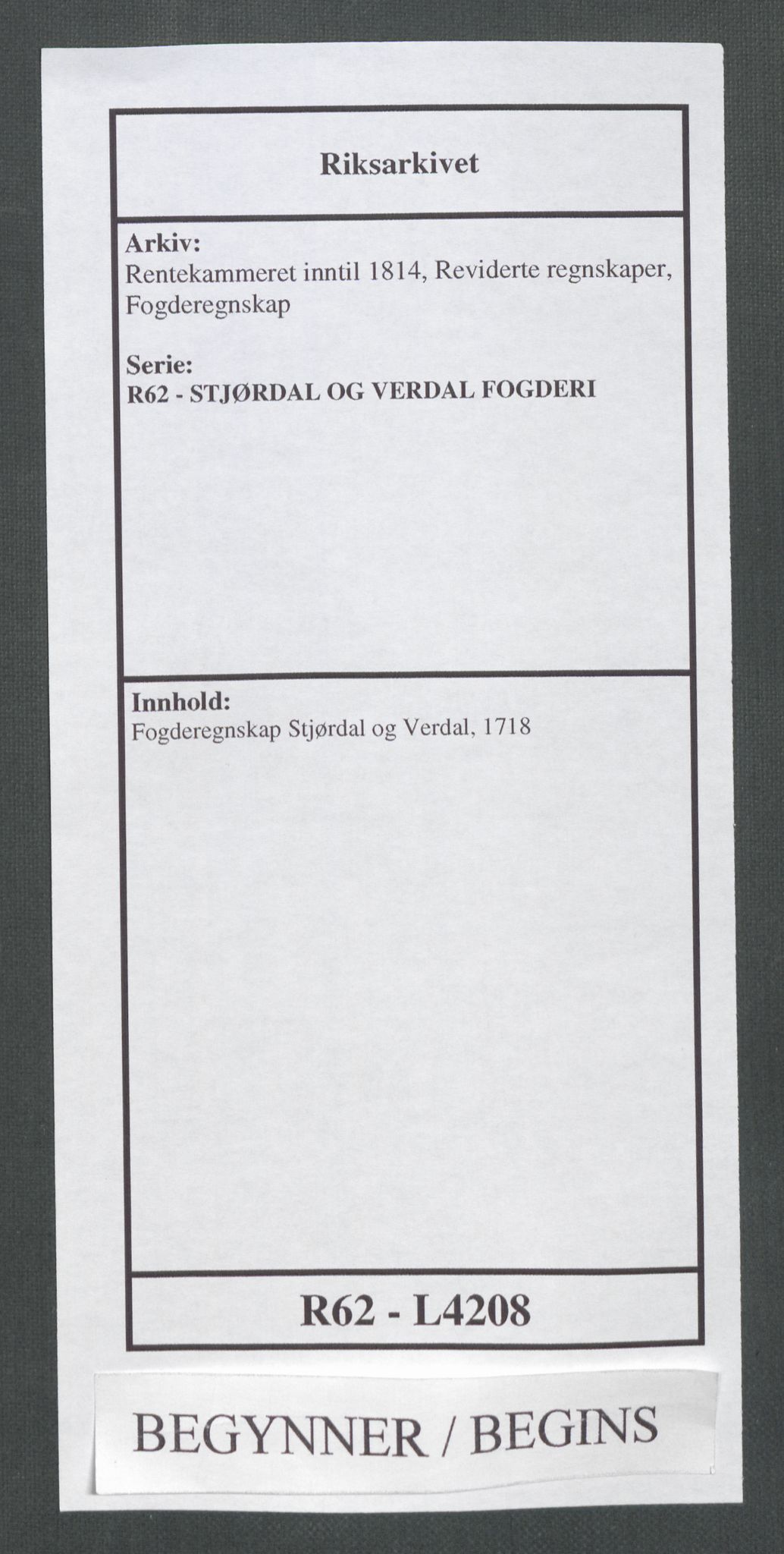 Rentekammeret inntil 1814, Reviderte regnskaper, Fogderegnskap, AV/RA-EA-4092/R62/L4208: Fogderegnskap Stjørdal og Verdal, 1718, p. 1