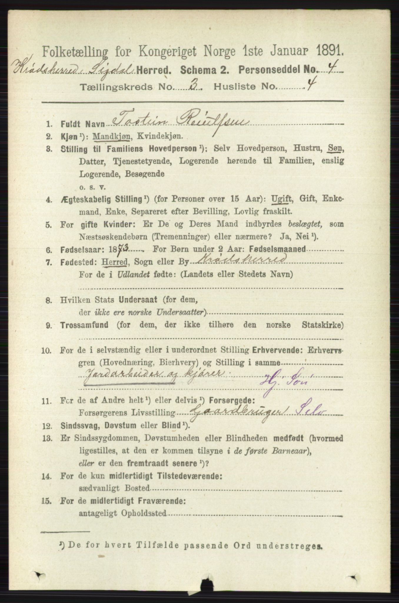 RA, 1891 census for 0621 Sigdal, 1891, p. 5598