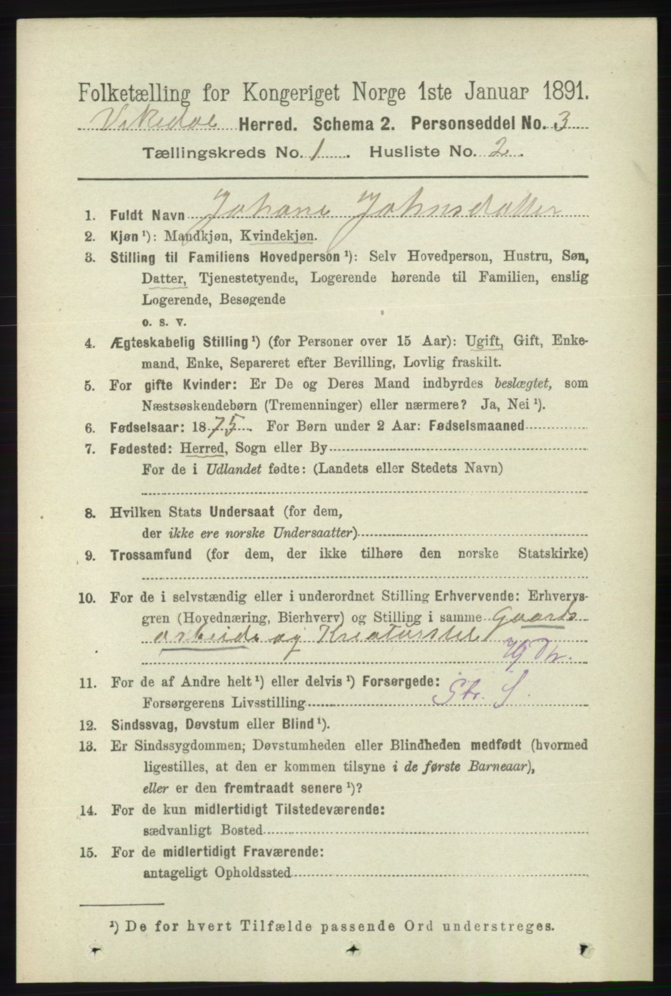 RA, 1891 census for 1157 Vikedal, 1891, p. 67