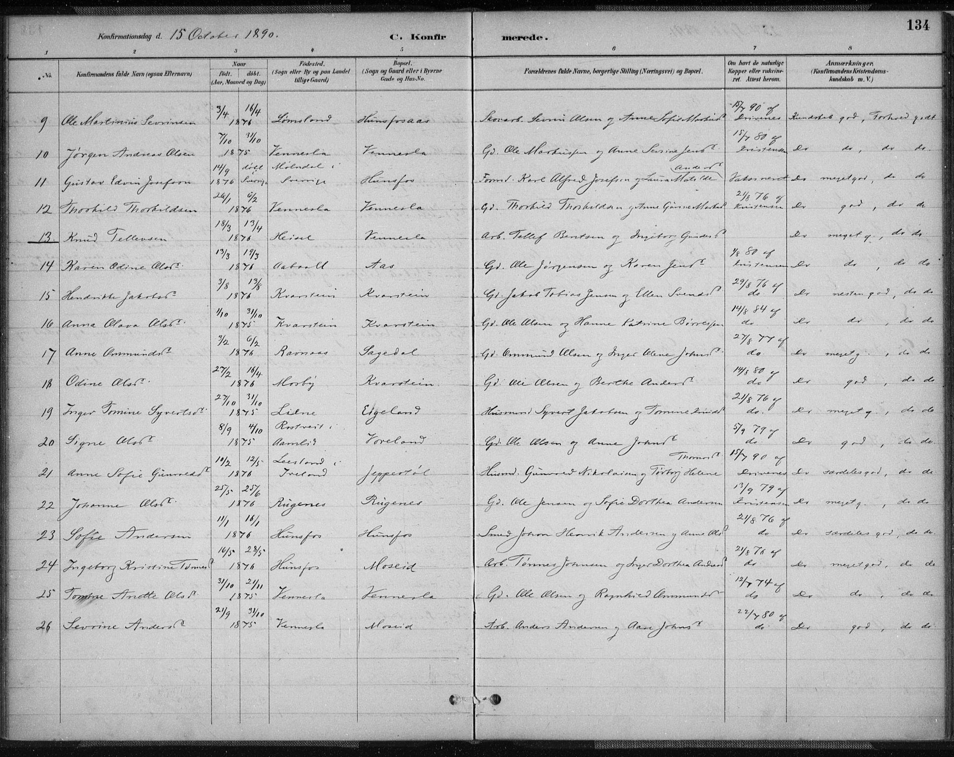 Vennesla sokneprestkontor, AV/SAK-1111-0045/Fa/Fab/L0004: Parish register (official) no. A 4, 1884-1896, p. 134