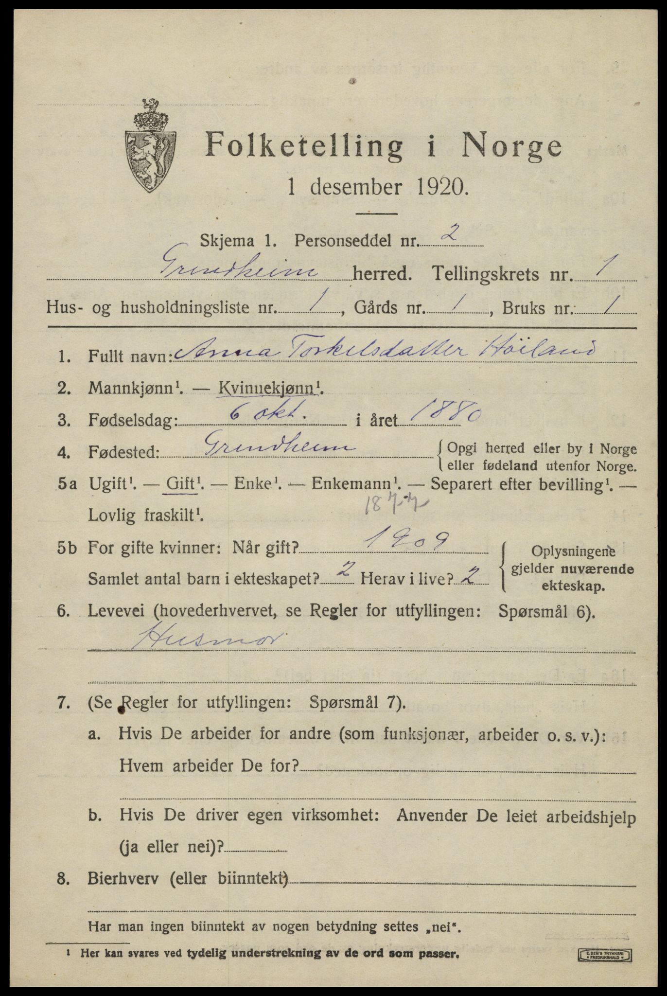 SAK, 1920 census for Grindheim, 1920, p. 405