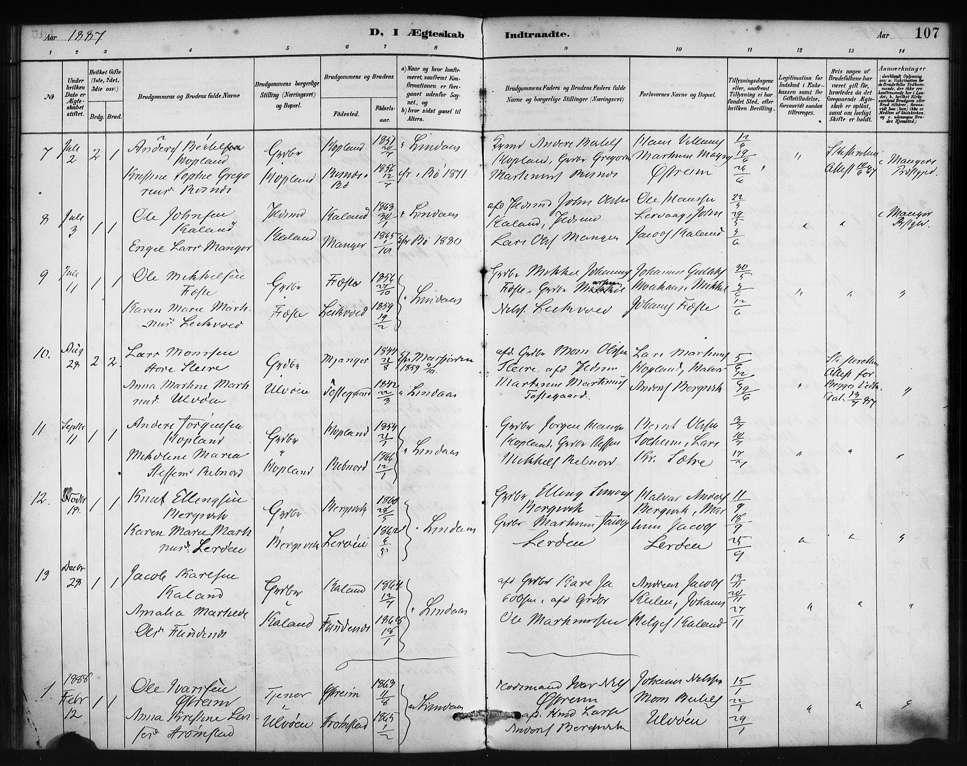 Lindås Sokneprestembete, AV/SAB-A-76701/H/Haa/Haac/L0001: Parish register (official) no. C 1, 1886-1896, p. 107