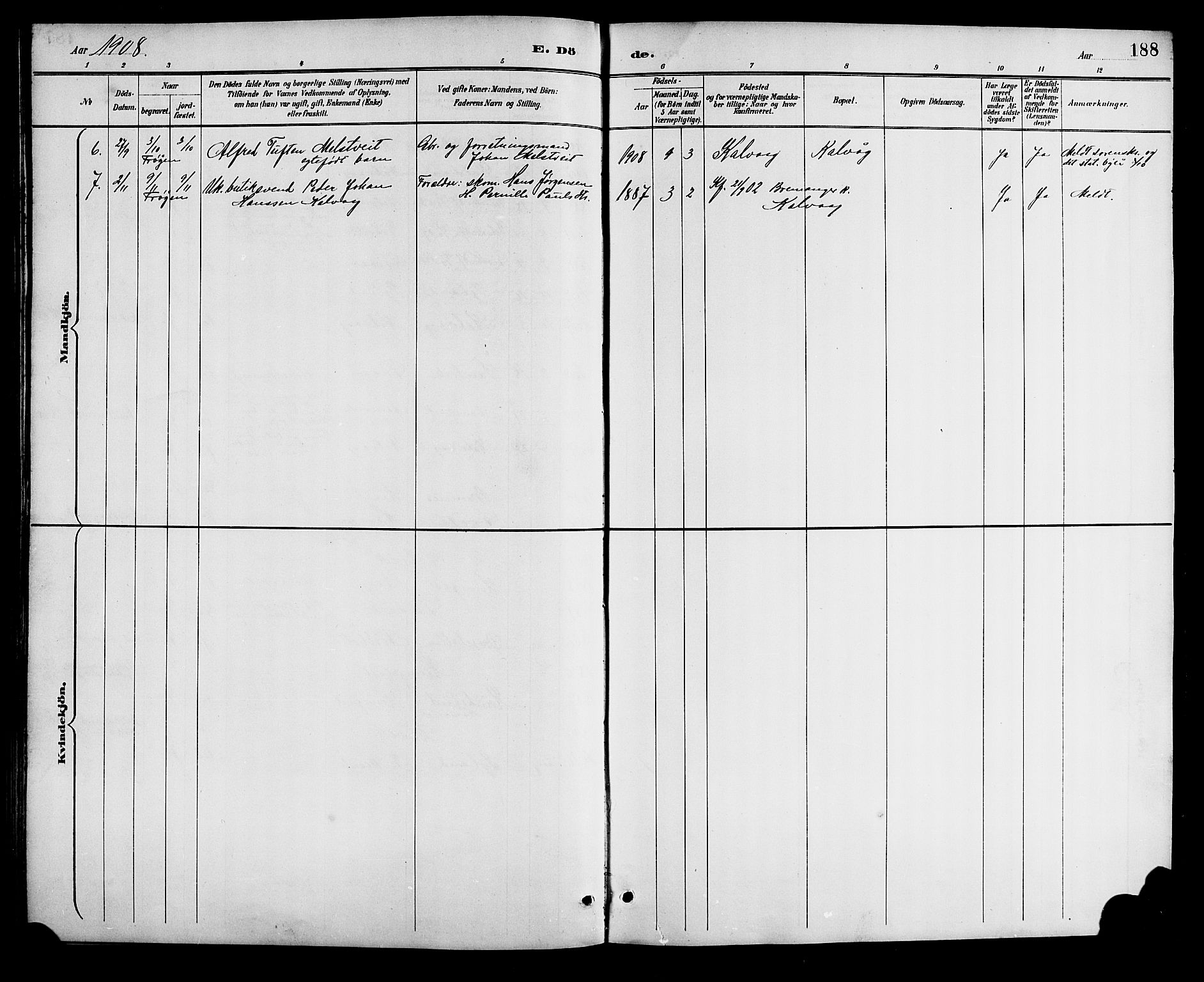 Bremanger sokneprestembete, AV/SAB-A-82201/H/Hab/Haba/L0003: Parish register (copy) no. A 3, 1890-1908, p. 188