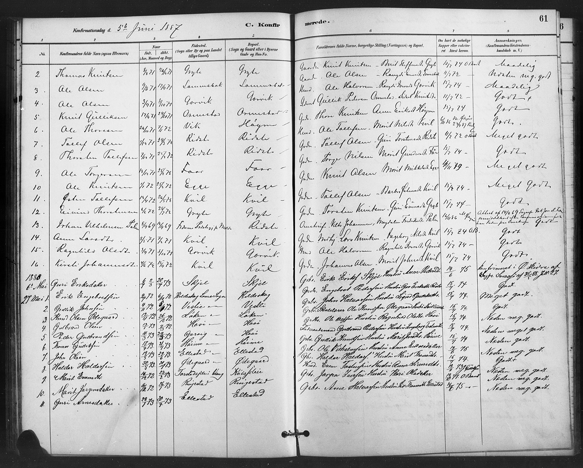 Vestre Slidre prestekontor, SAH/PREST-136/H/Ha/Hab/L0006: Parish register (copy) no. 6, 1881-1915, p. 61