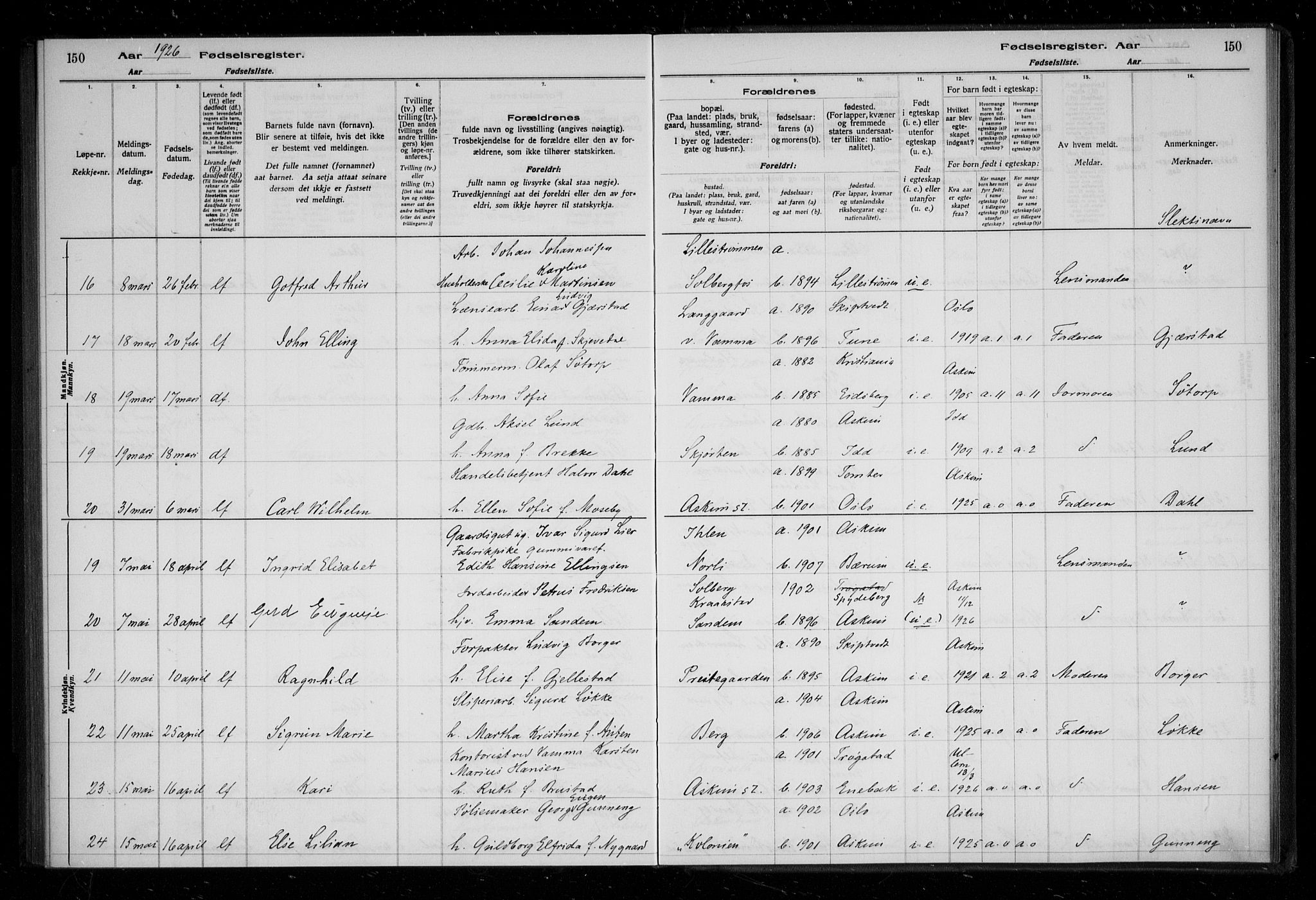 Askim prestekontor Kirkebøker, AV/SAO-A-10900/J/Ja/L0001: Birth register no. 1, 1916-1929, p. 150