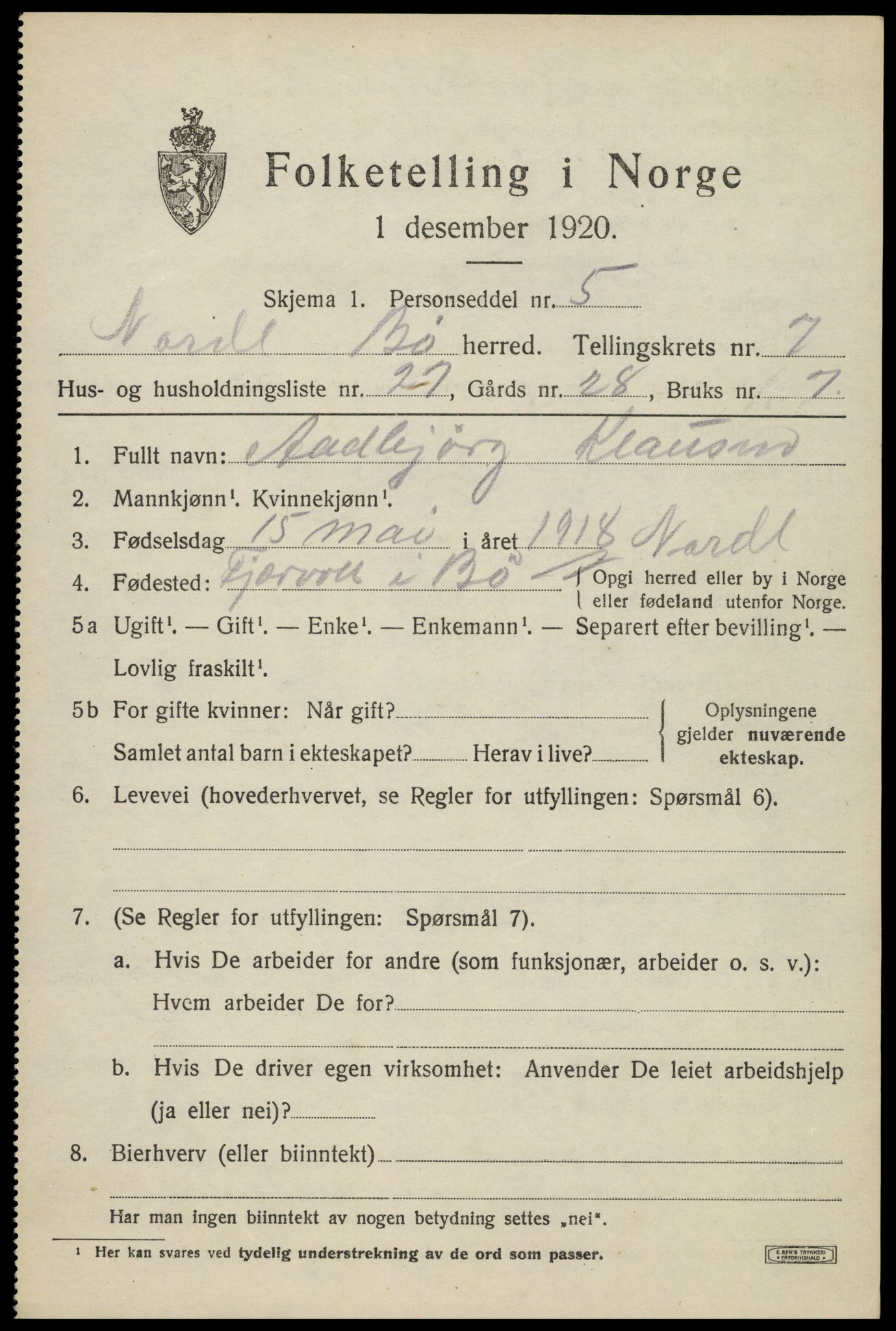 SAT, 1920 census for Bø, 1920, p. 6402