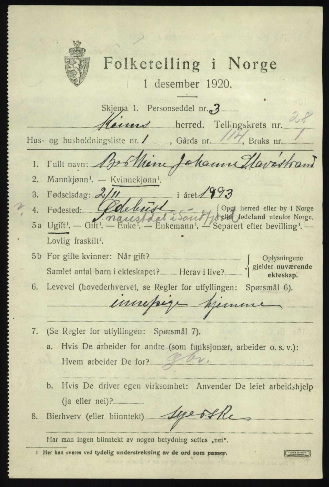 SAB, 1920 census for Kinn, 1920, p. 9557