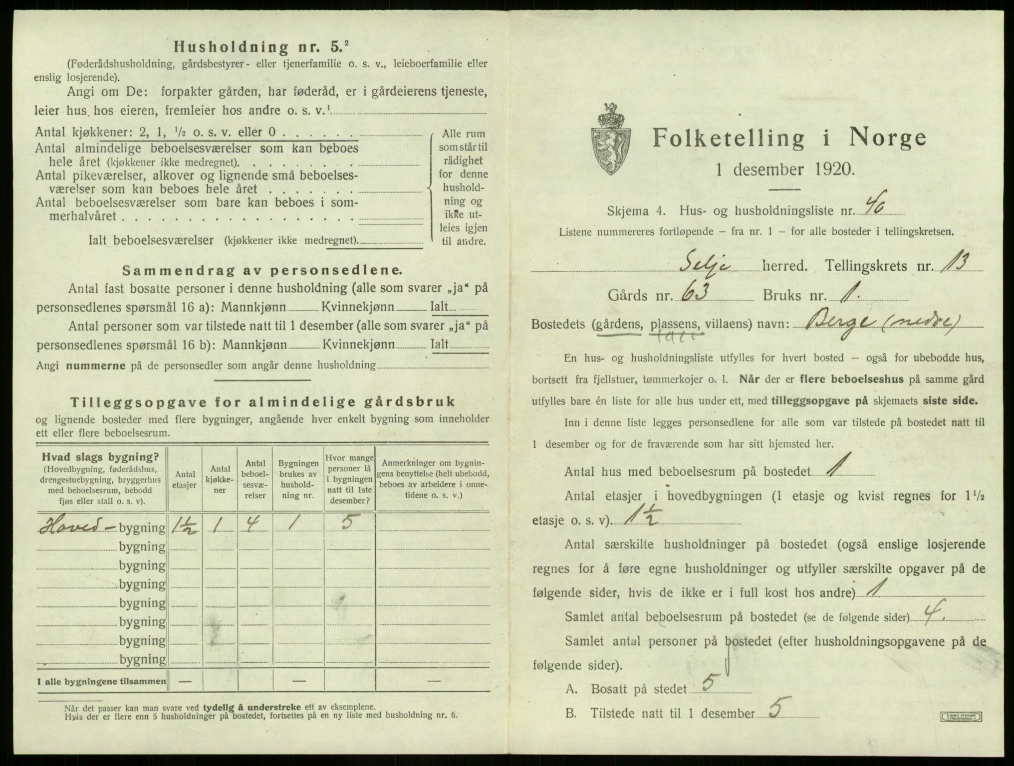 SAB, 1920 census for Selje, 1920, p. 823