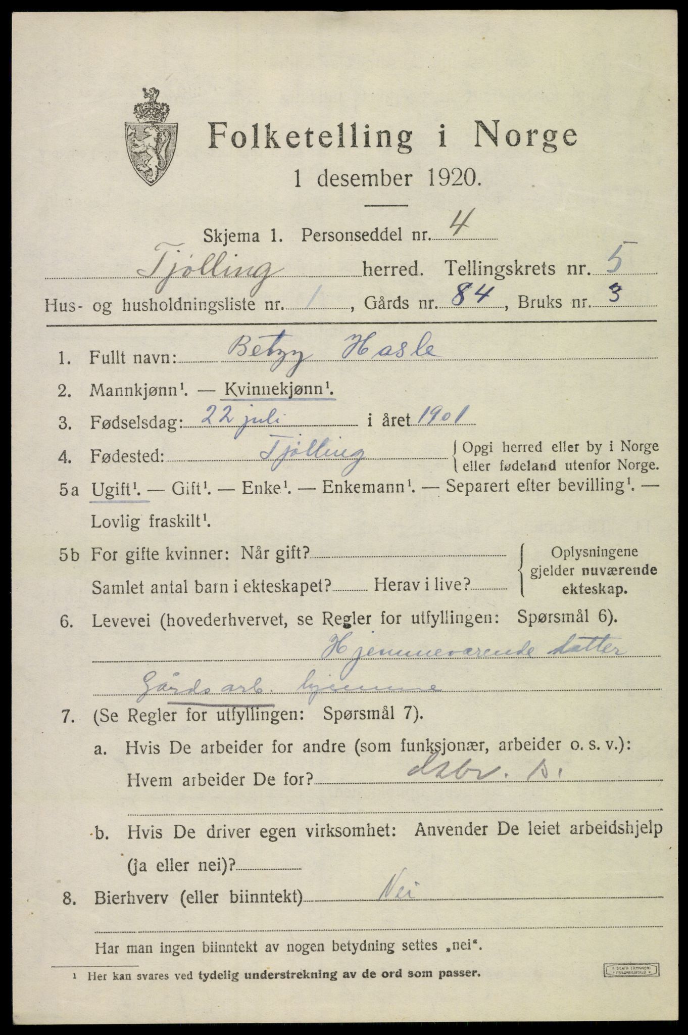 SAKO, 1920 census for Tjølling, 1920, p. 8173