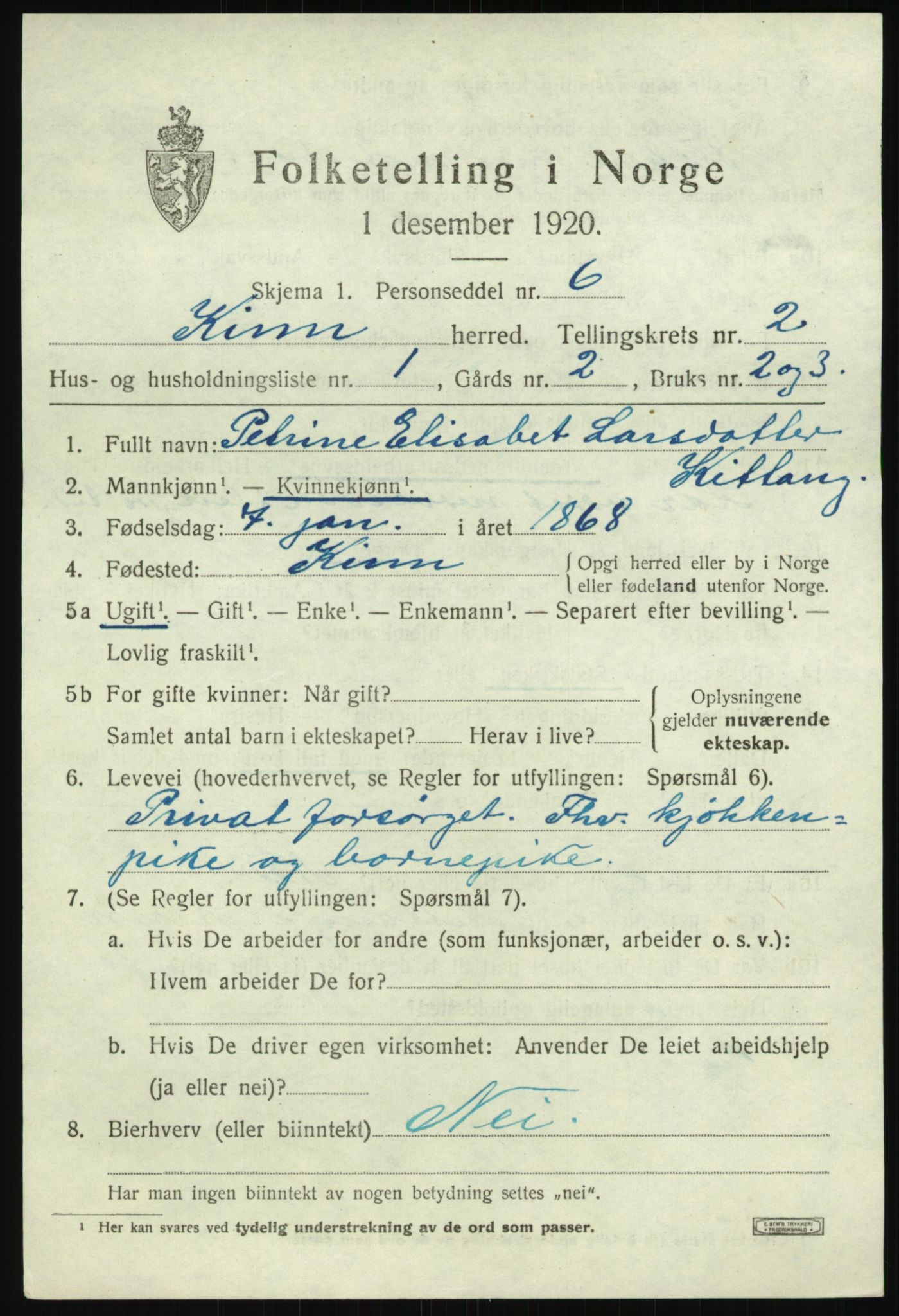 SAB, 1920 census for Kinn, 1920, p. 1943