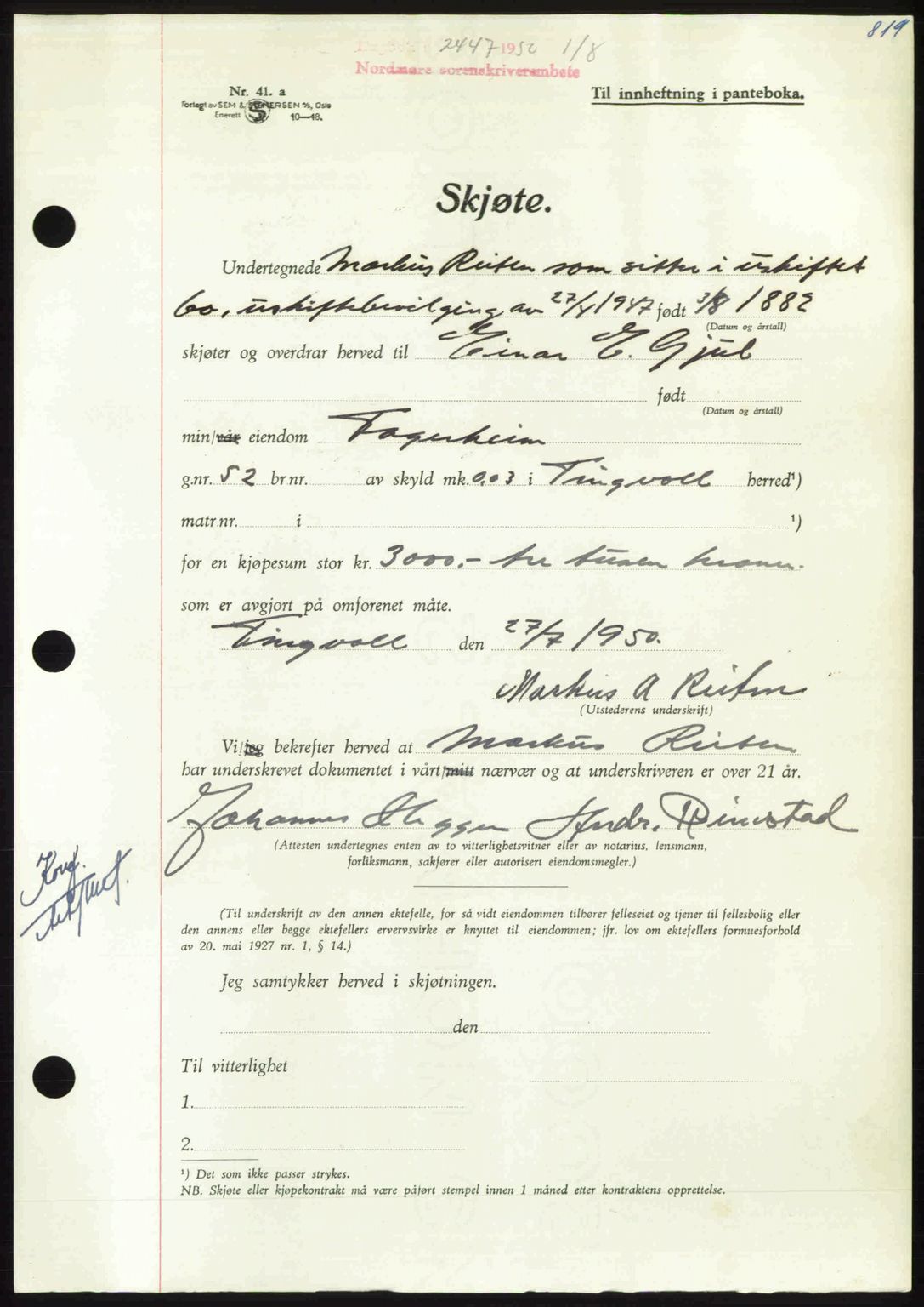 Nordmøre sorenskriveri, AV/SAT-A-4132/1/2/2Ca: Mortgage book no. A115, 1950-1950, Diary no: : 2447/1950