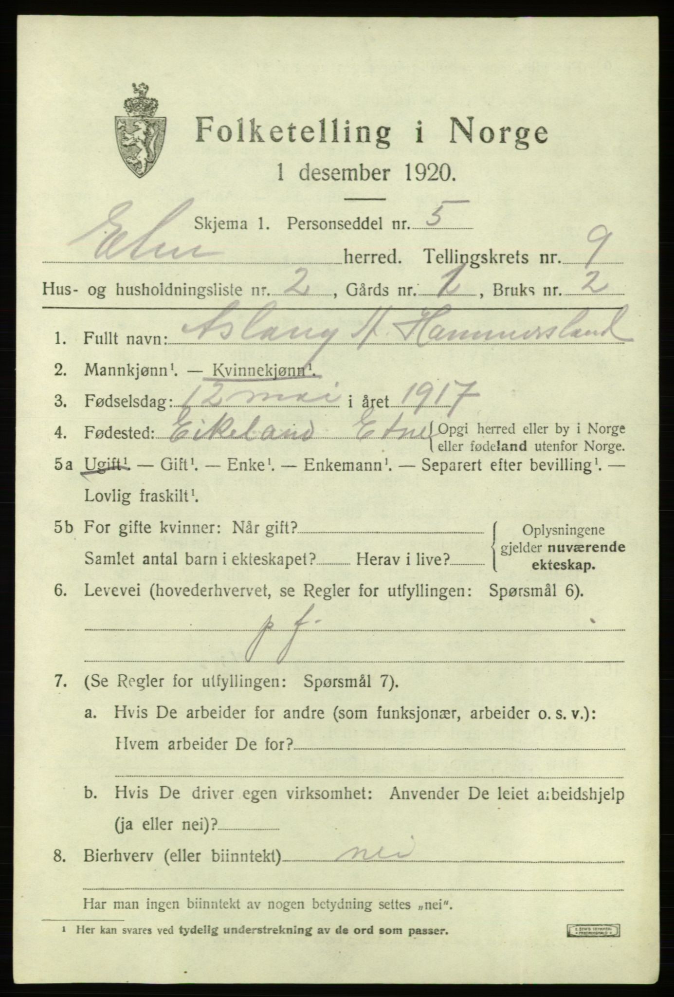 SAB, 1920 census for Etne, 1920, p. 3939