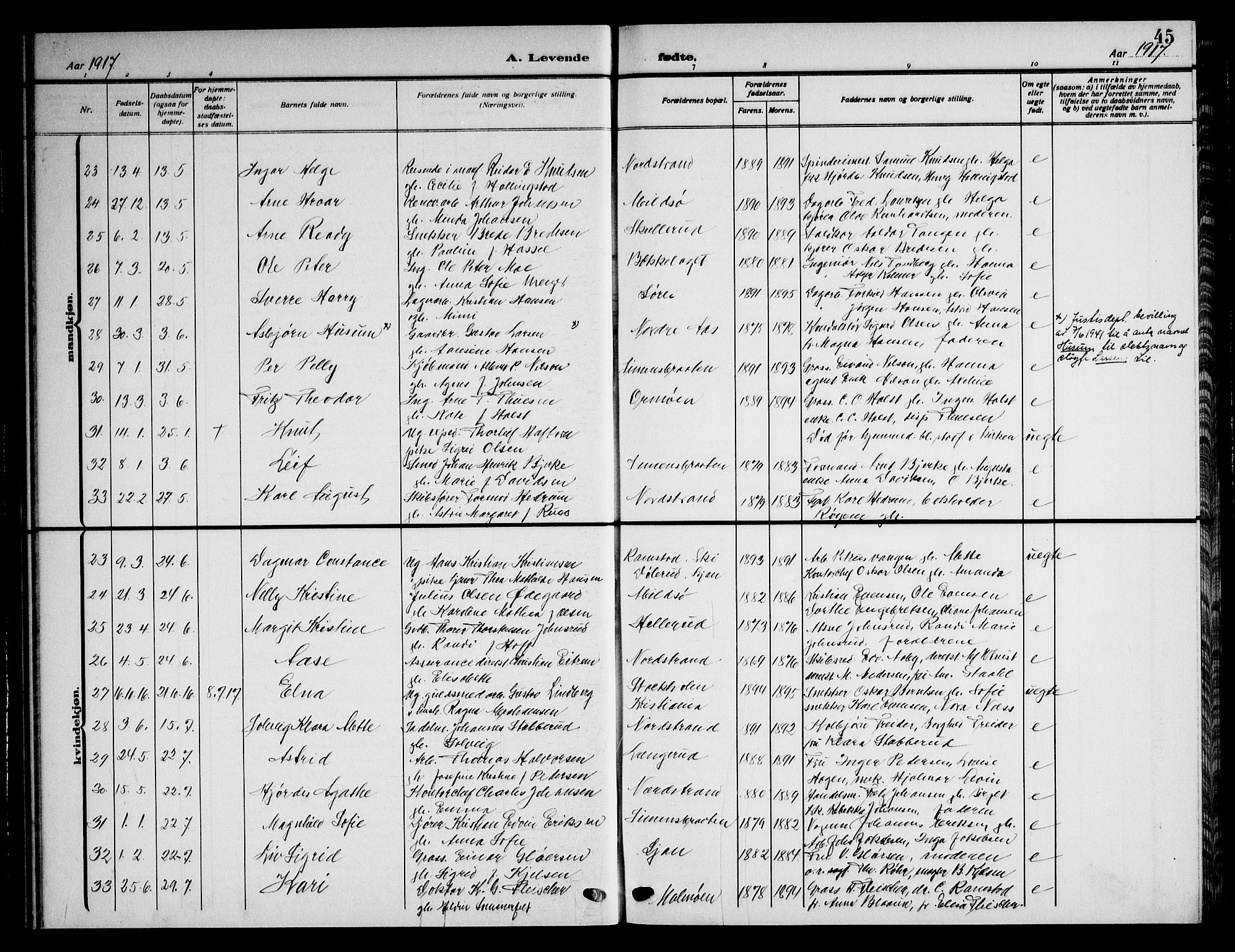 Nordstrand prestekontor Kirkebøker, AV/SAO-A-10362a/G/Ga/L0001: Parish register (copy) no. I 1, 1911-1918, p. 45