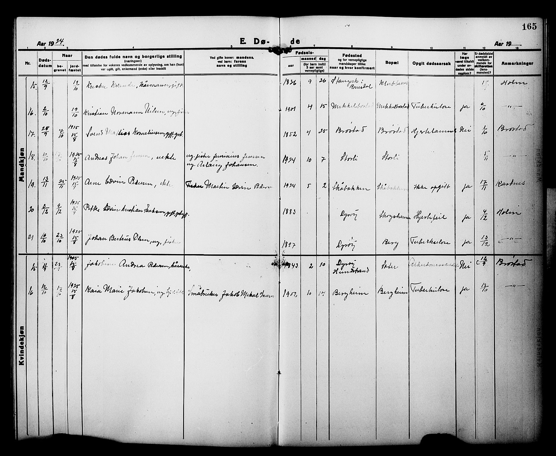 Tranøy sokneprestkontor, AV/SATØ-S-1313/I/Ia/Iab/L0015klokker: Parish register (copy) no. 15, 1918-1930, p. 165