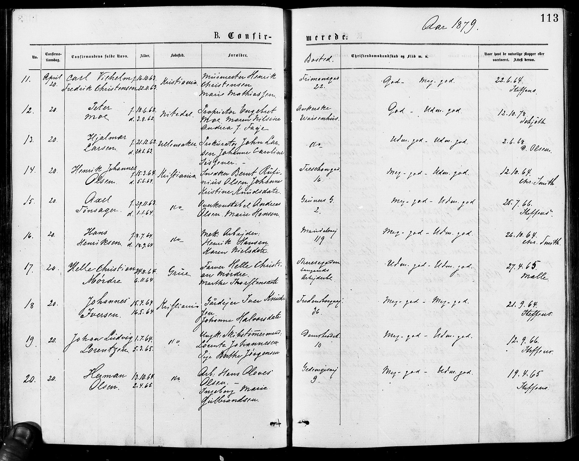 Gamle Aker prestekontor Kirkebøker, AV/SAO-A-10617a/F/L0005: Parish register (official) no. 5, 1873-1881, p. 113