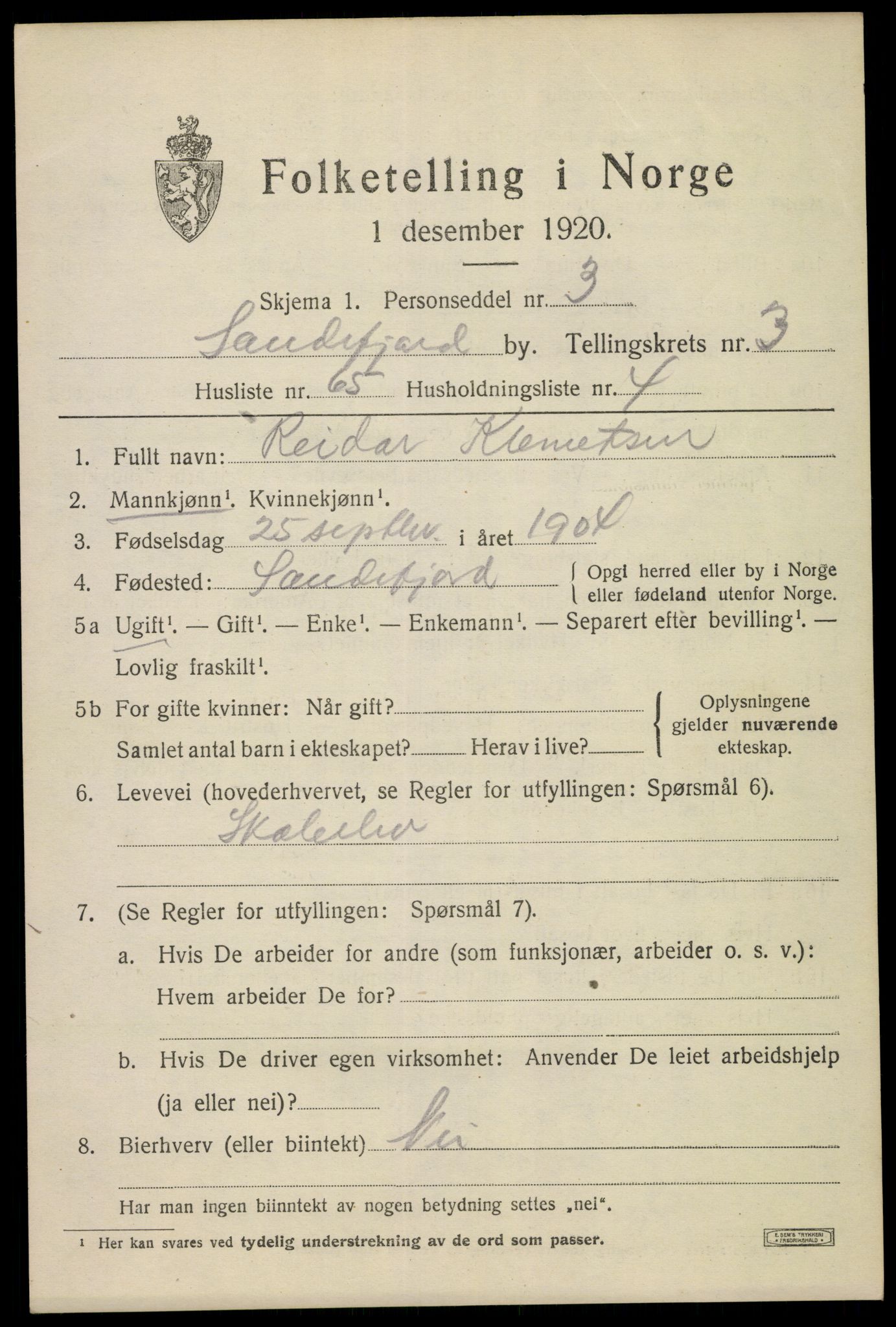 SAKO, 1920 census for Sandefjord, 1920, p. 7398