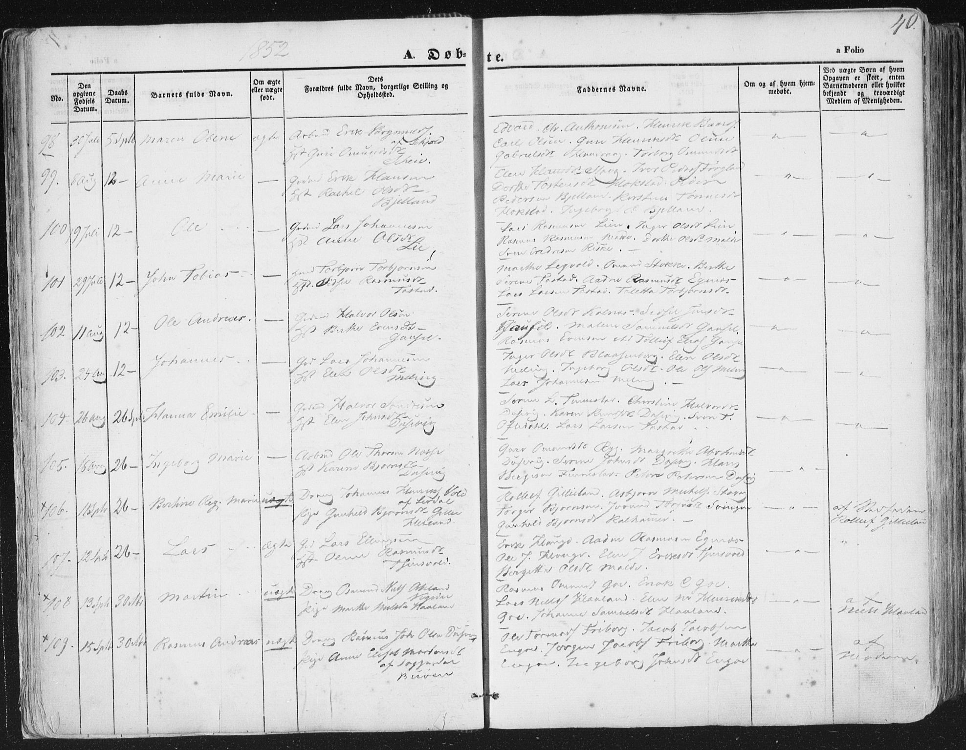 Hetland sokneprestkontor, AV/SAST-A-101826/30/30BA/L0002: Parish register (official) no. A 2, 1849-1869, p. 40