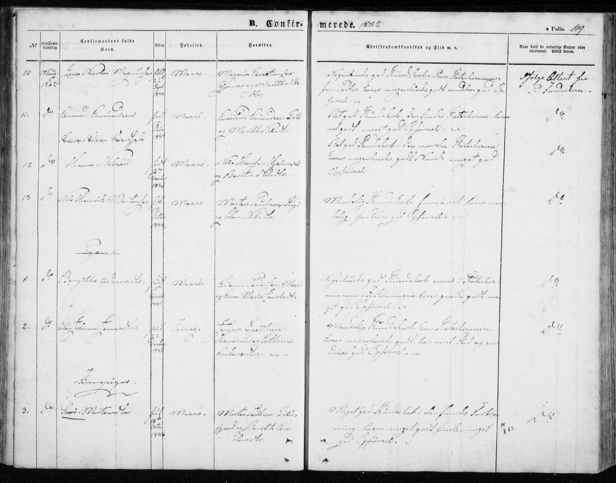 Måsøy sokneprestkontor, AV/SATØ-S-1348/H/Ha/L0002kirke: Parish register (official) no. 2, 1852-1865, p. 109