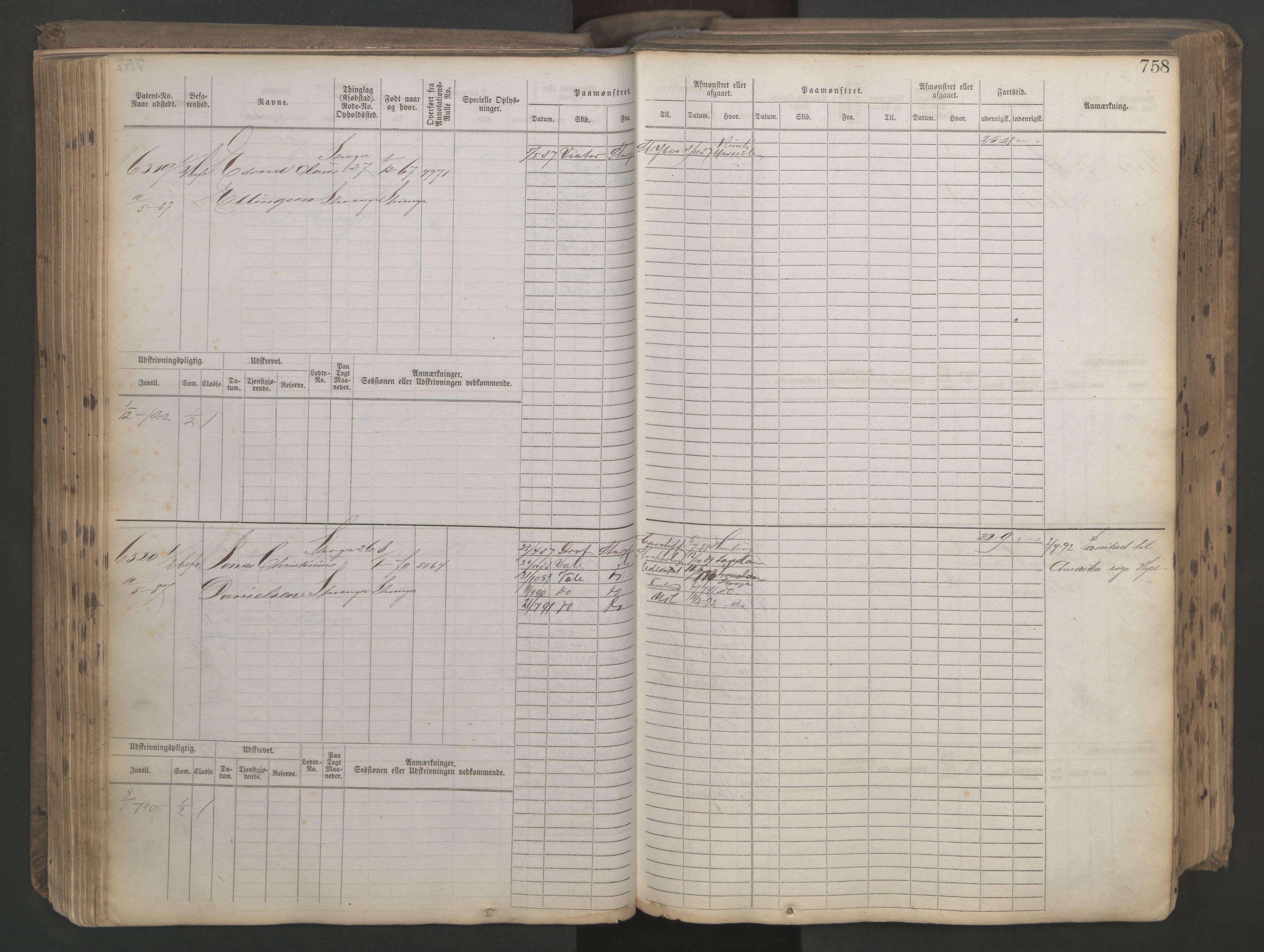 Stavanger sjømannskontor, AV/SAST-A-102006/F/Fb/Fbb/L0021: Sjøfartshovedrulle patnentnr. 6005-7204 (dublett), 1887, p. 162