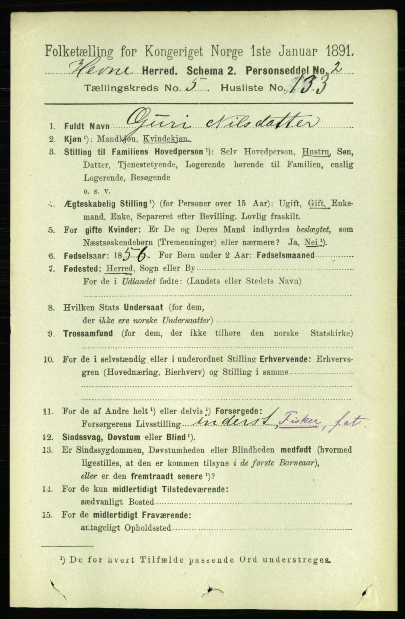 RA, 1891 census for 1612 Hemne, 1891, p. 3310