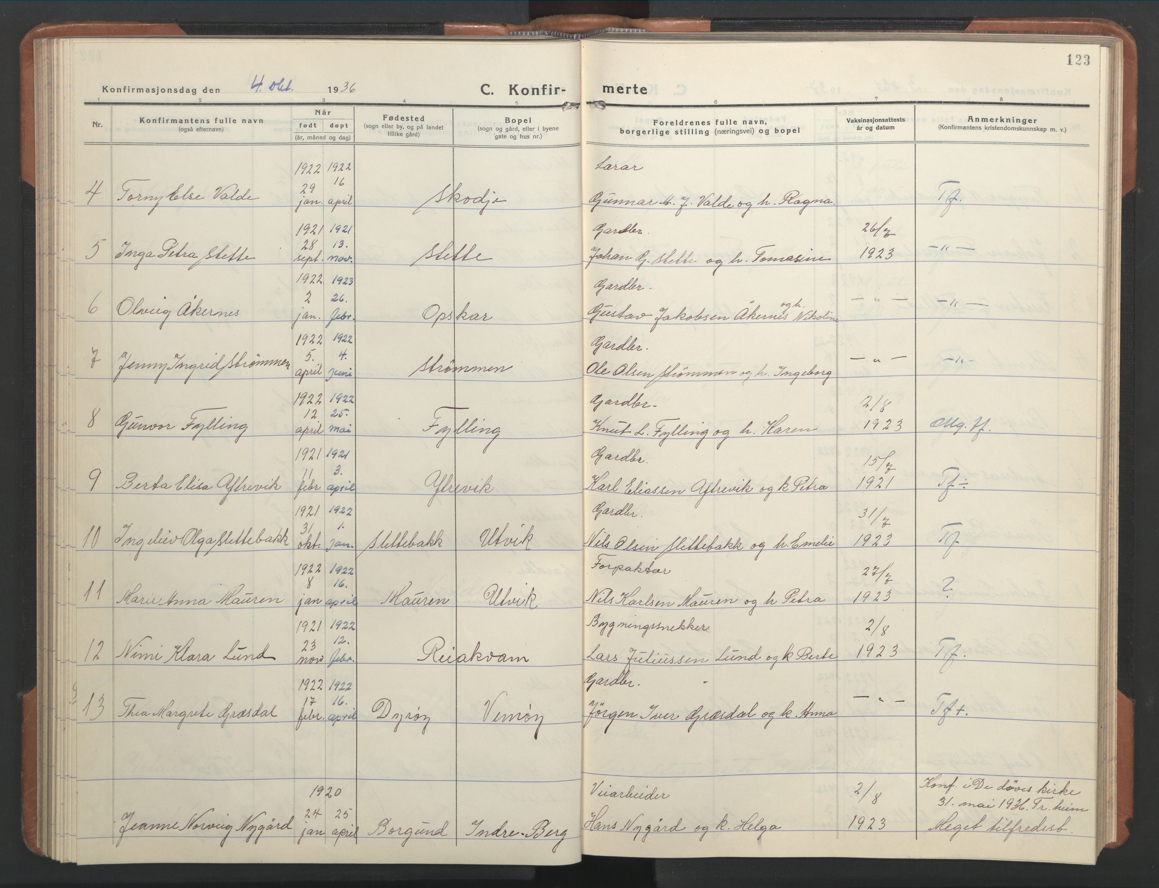 Ministerialprotokoller, klokkerbøker og fødselsregistre - Møre og Romsdal, AV/SAT-A-1454/524/L0367: Parish register (copy) no. 524C08, 1932-1951, p. 123