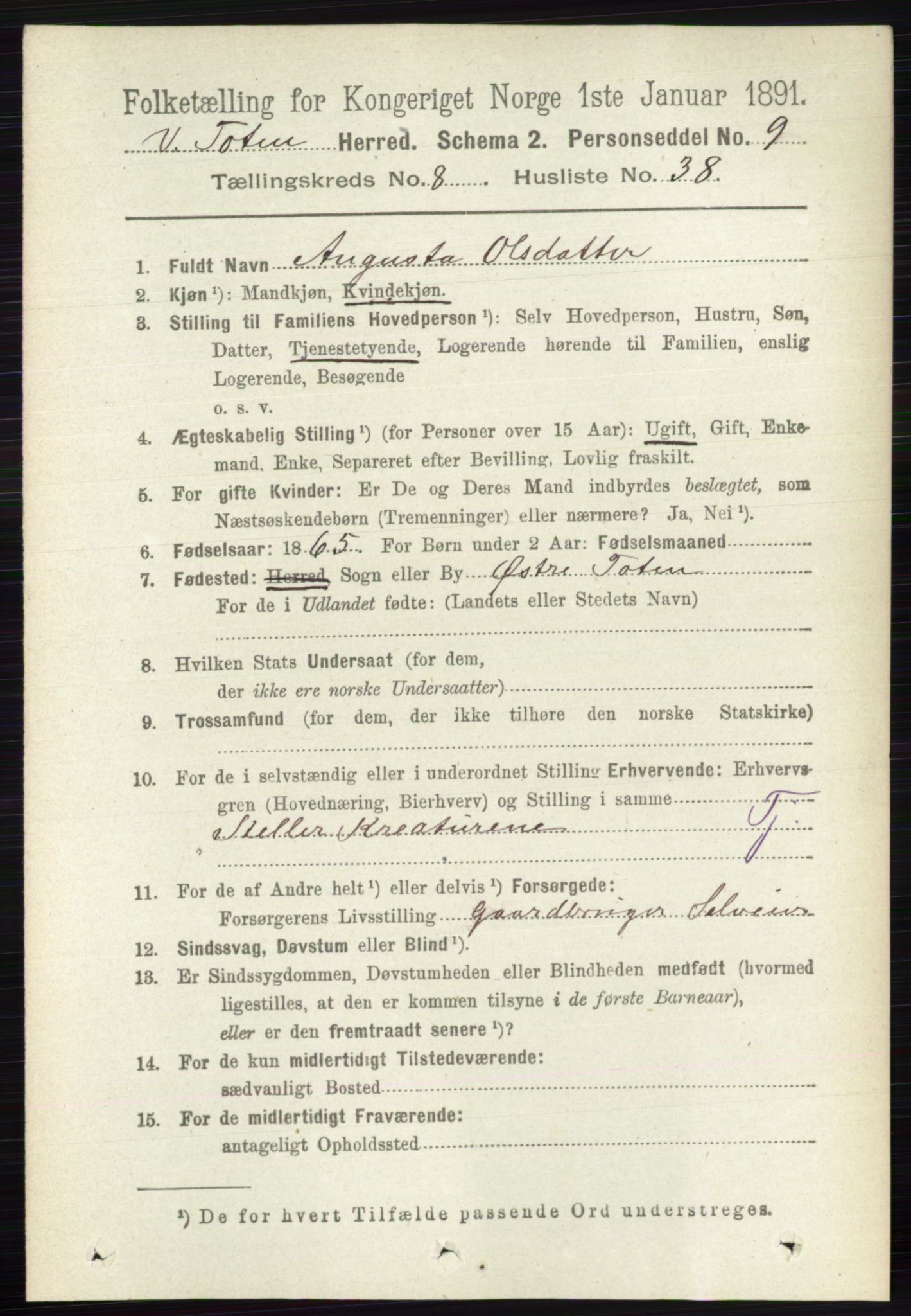 RA, 1891 census for 0529 Vestre Toten, 1891, p. 5238