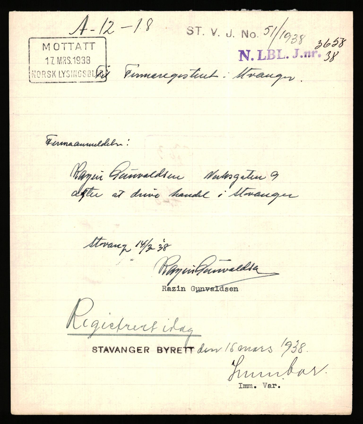 Stavanger byfogd, SAST/A-101408/002/J/Jd/Jde/L0003: Registreringsmeldinger og bilag. Enkeltmannsforetak, 751-1000, 1928-1976, p. 72