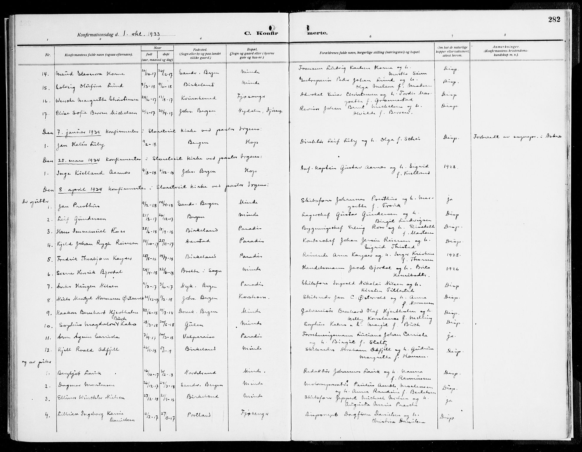 Fana Sokneprestembete, AV/SAB-A-75101/H/Haa/Haaj/L0001: Parish register (official) no. J 1, 1921-1935, p. 282