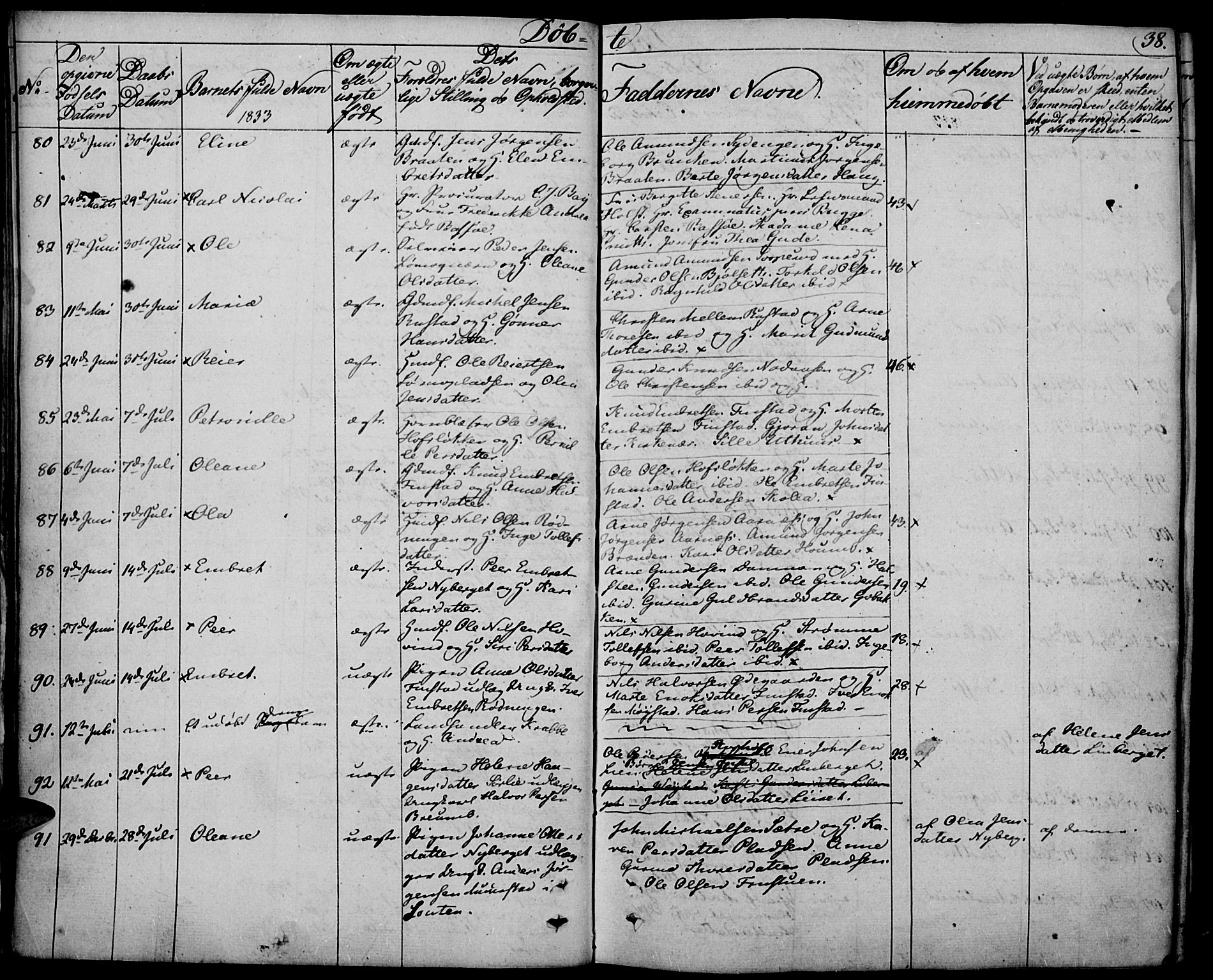 Elverum prestekontor, AV/SAH-PREST-044/H/Ha/Haa/L0008: Parish register (official) no. 8, 1830-1842, p. 38