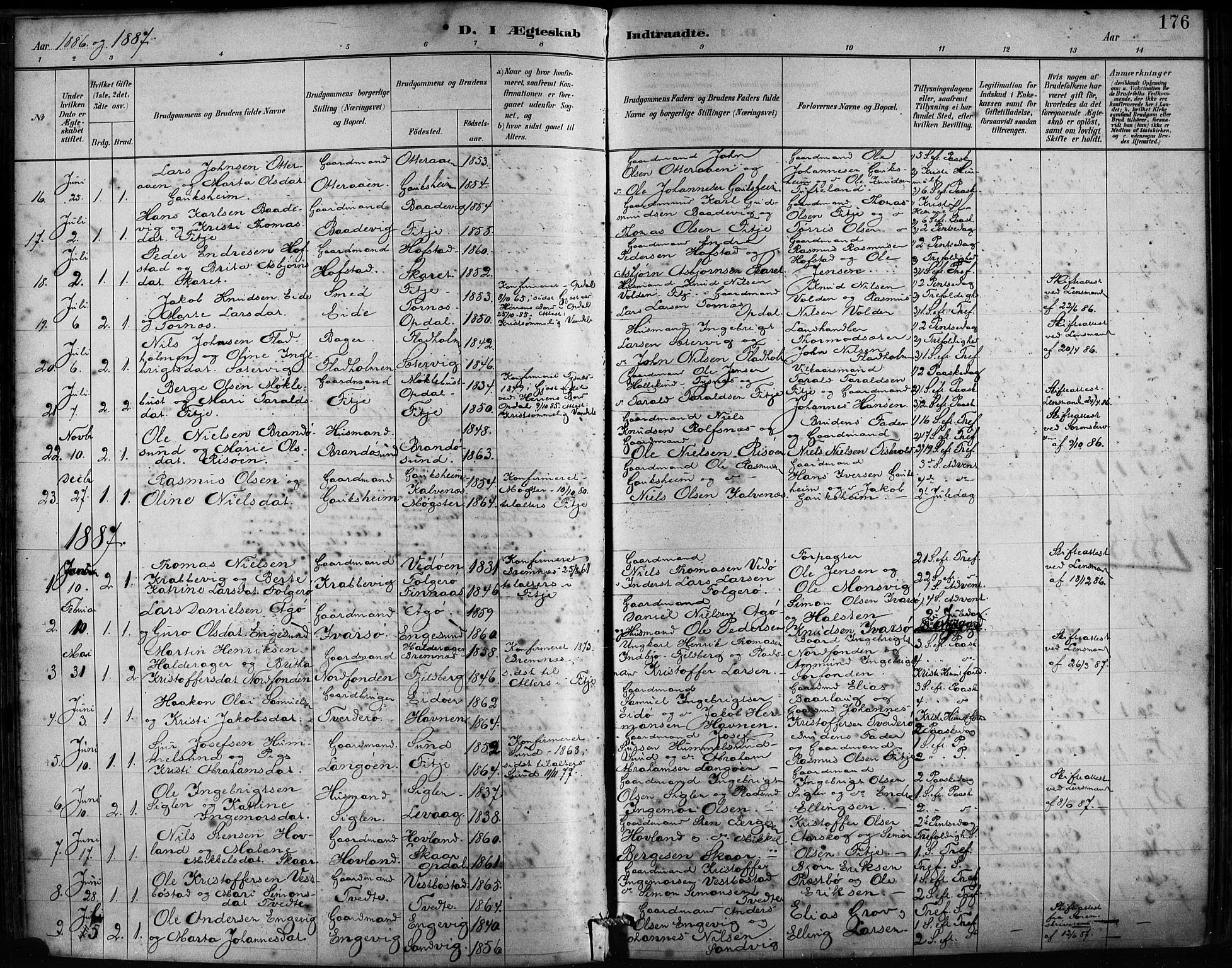 Fitjar sokneprestembete, SAB/A-99926: Parish register (official) no. A 2, 1882-1899, p. 176