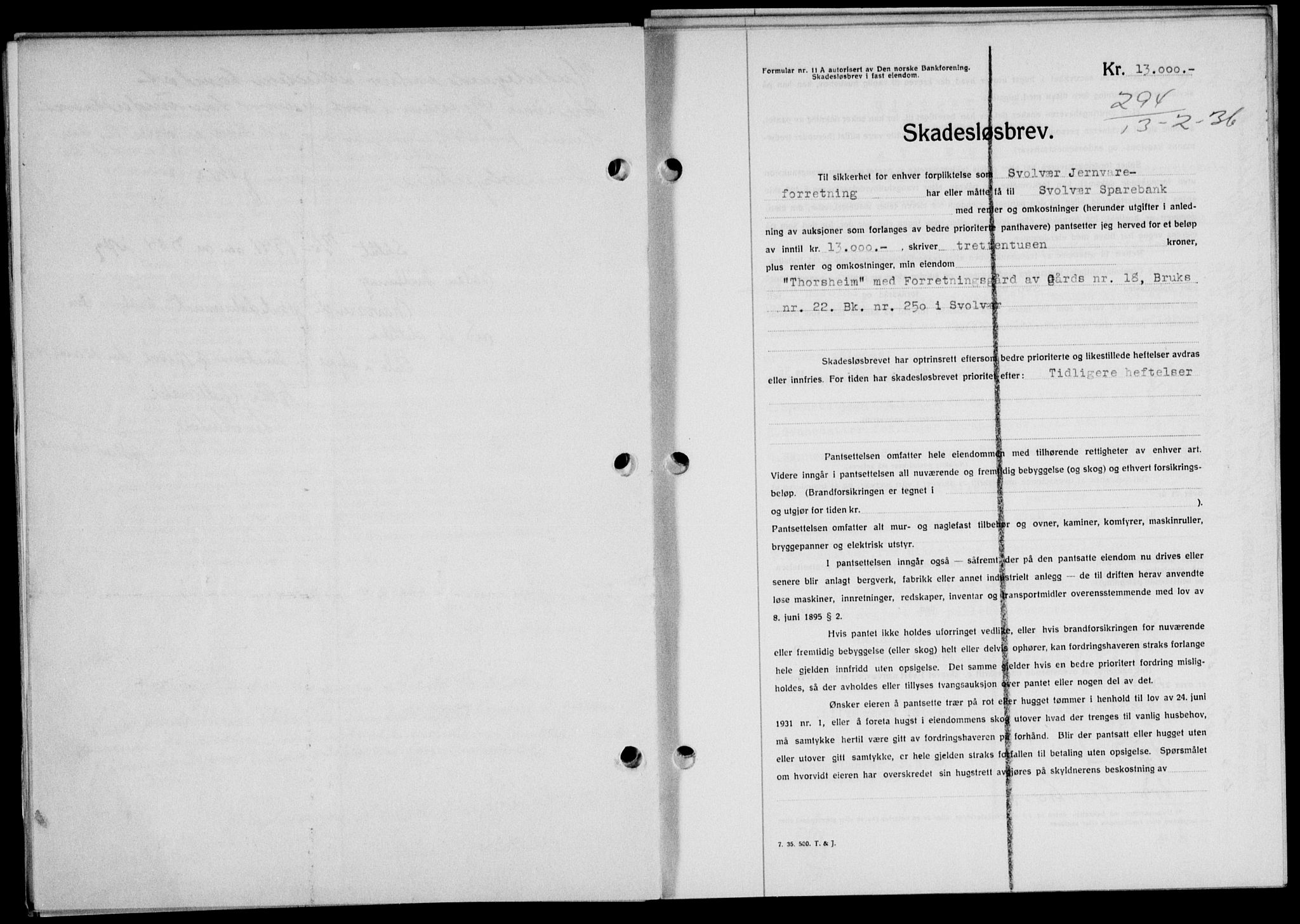 Lofoten sorenskriveri, SAT/A-0017/1/2/2C/L0033b: Mortgage book no. 33b, 1936-1936, Diary no: : 294/1936