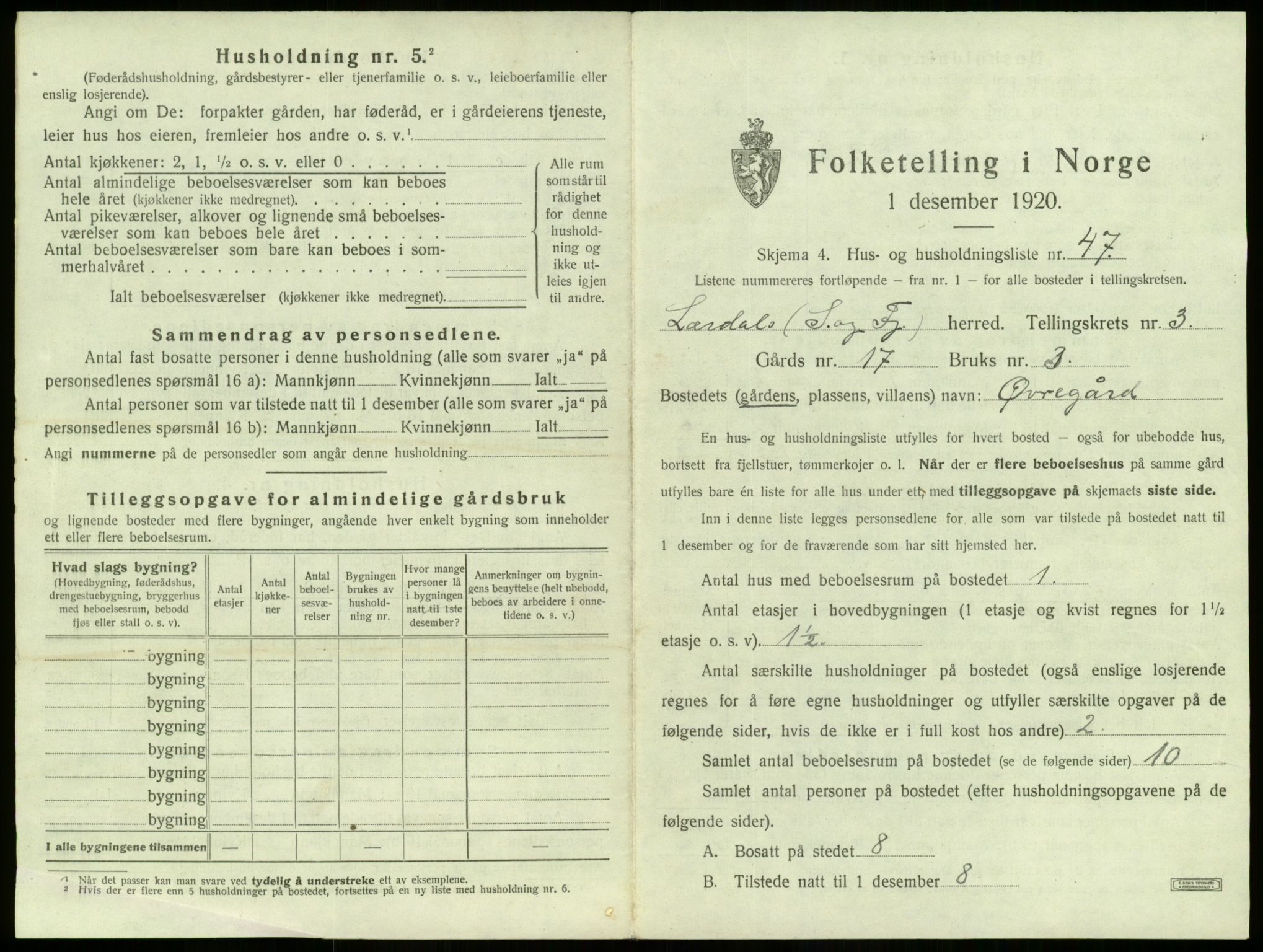 SAB, 1920 census for Lærdal, 1920, p. 309