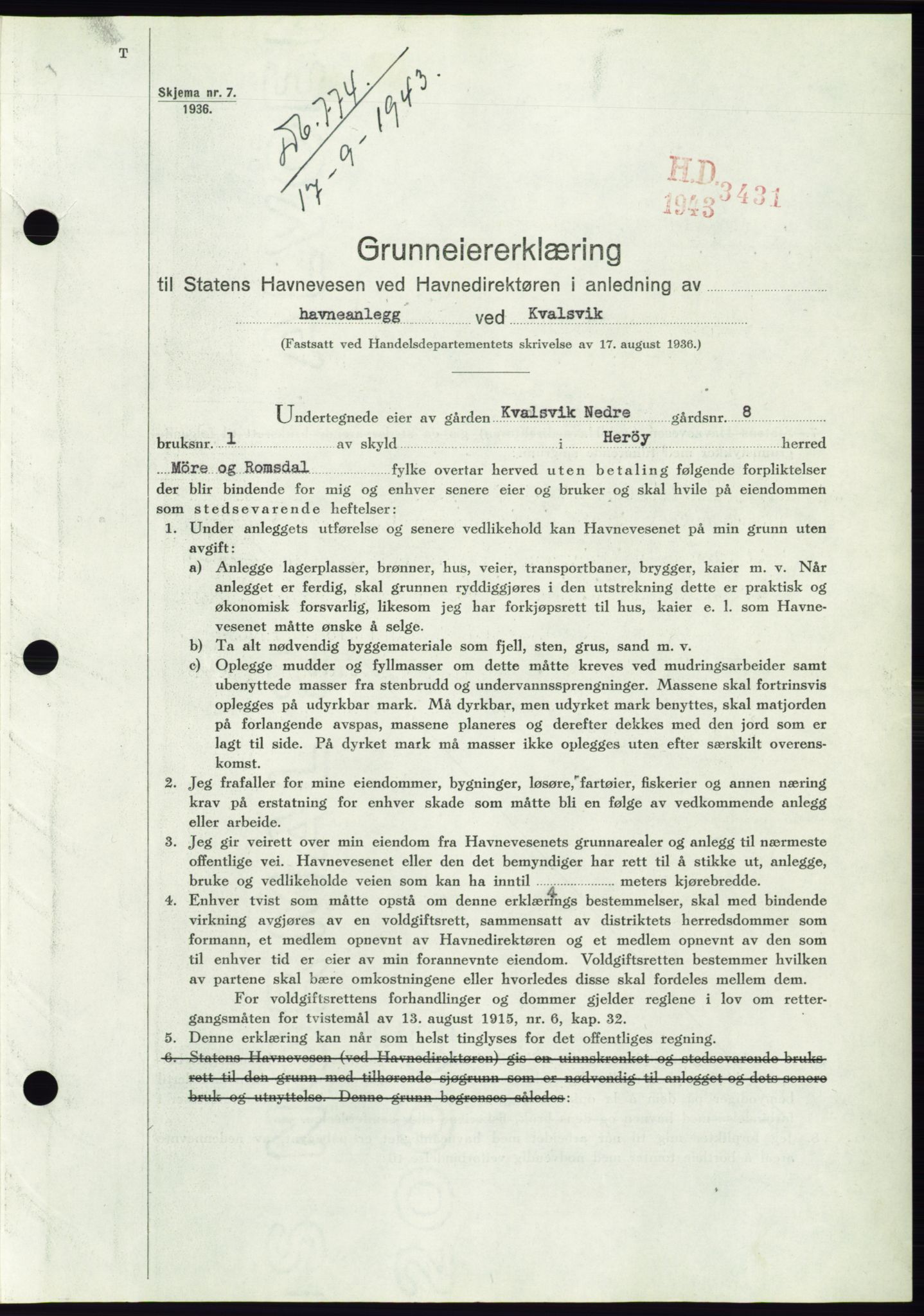 Søre Sunnmøre sorenskriveri, AV/SAT-A-4122/1/2/2C/L0075: Mortgage book no. 1A, 1943-1943, Diary no: : 774/1943