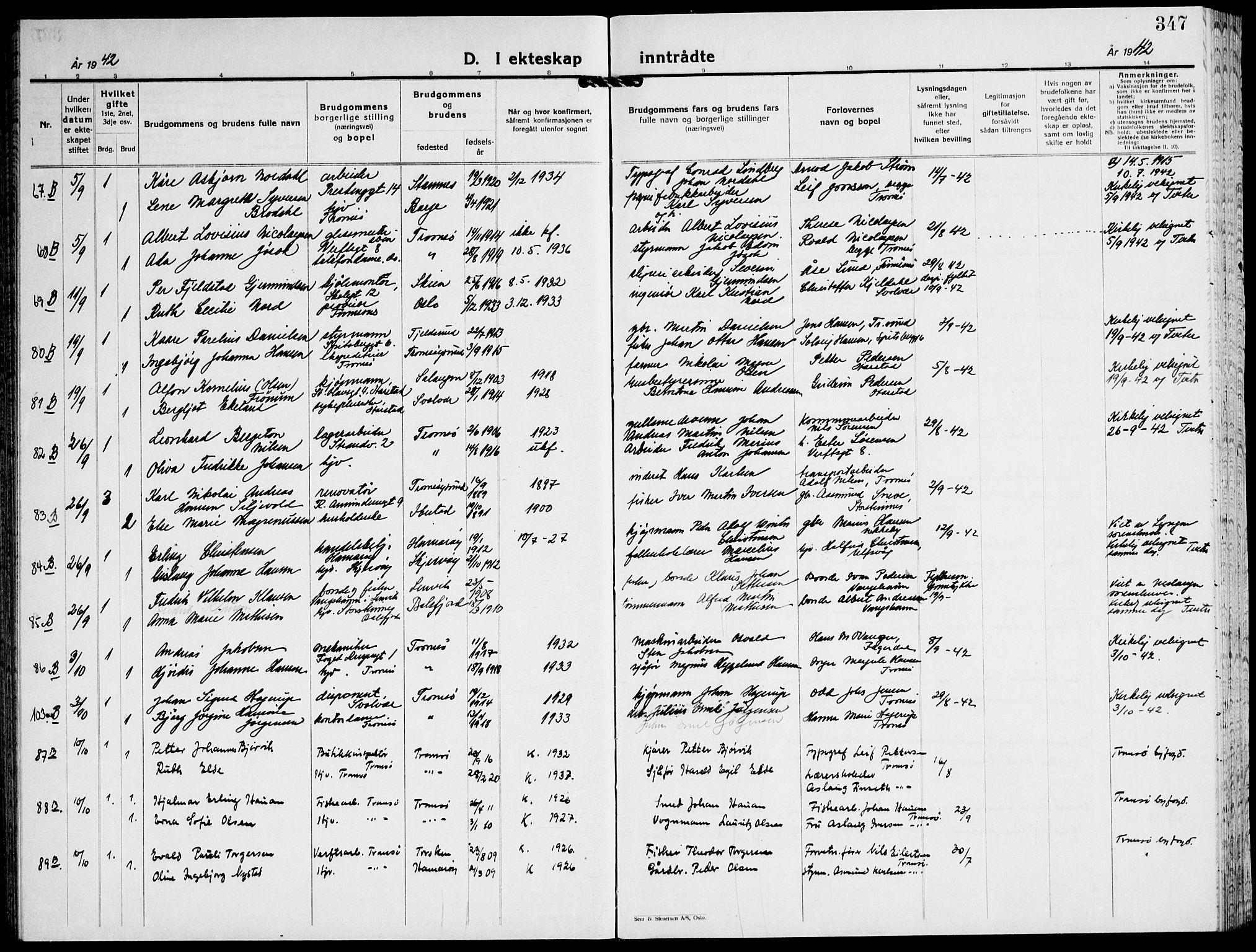 Tromsø sokneprestkontor/stiftsprosti/domprosti, AV/SATØ-S-1343/G/Gb/L0011klokker: Parish register (copy) no. 11, 1942-1944, p. 347