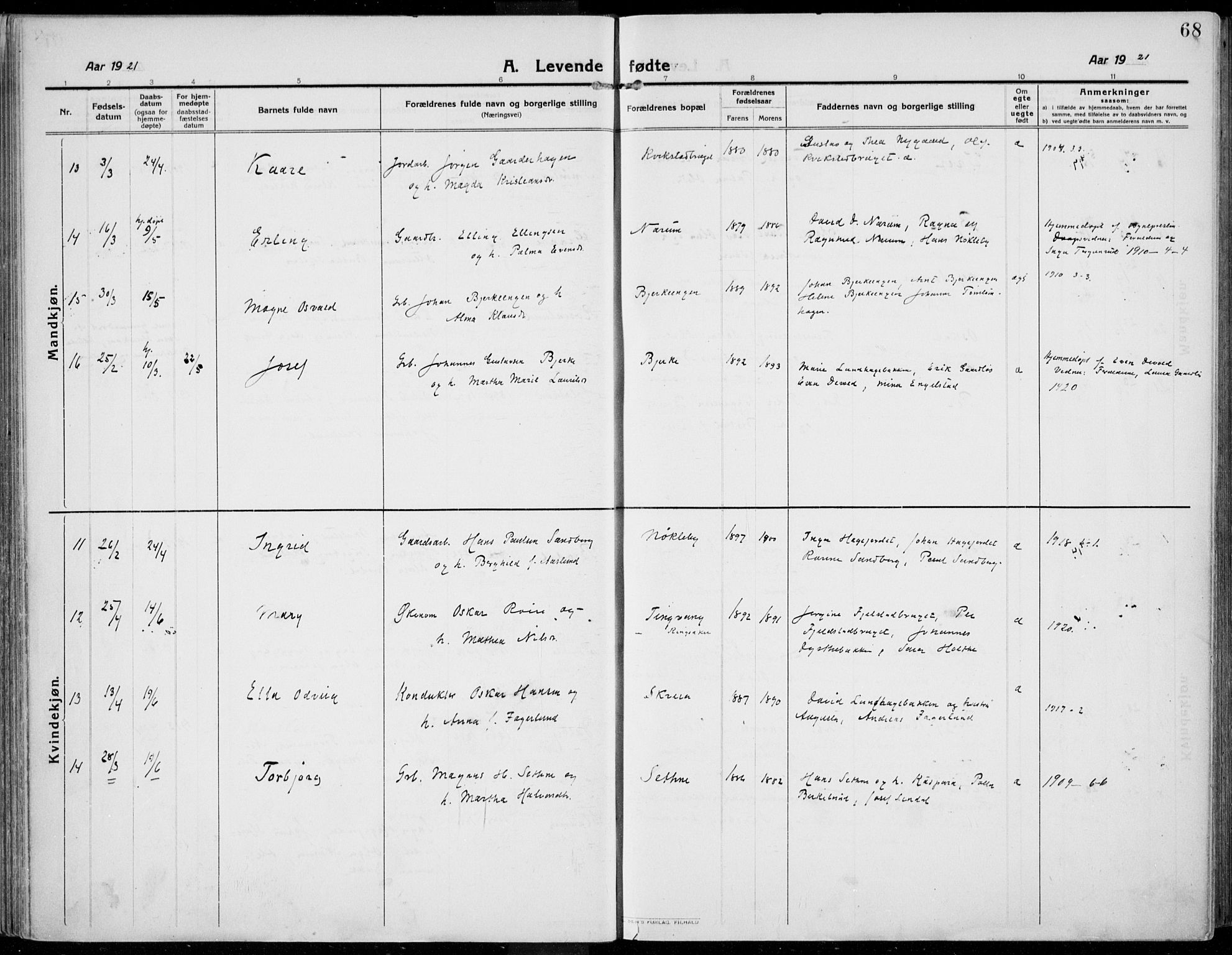 Kolbu prestekontor, AV/SAH-PREST-110/H/Ha/Haa/L0002: Parish register (official) no. 2, 1912-1926, p. 68