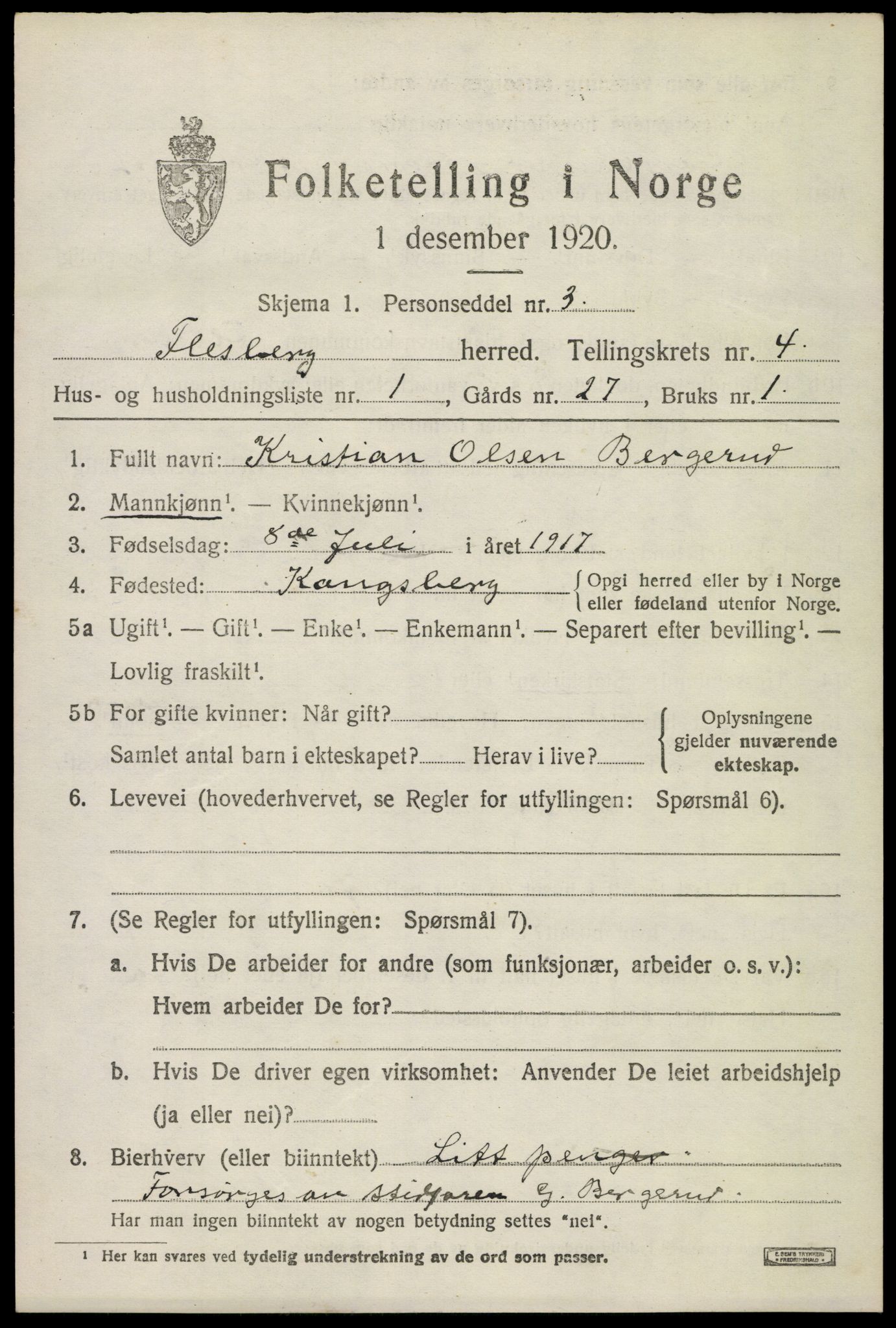 SAKO, 1920 census for Flesberg, 1920, p. 2159