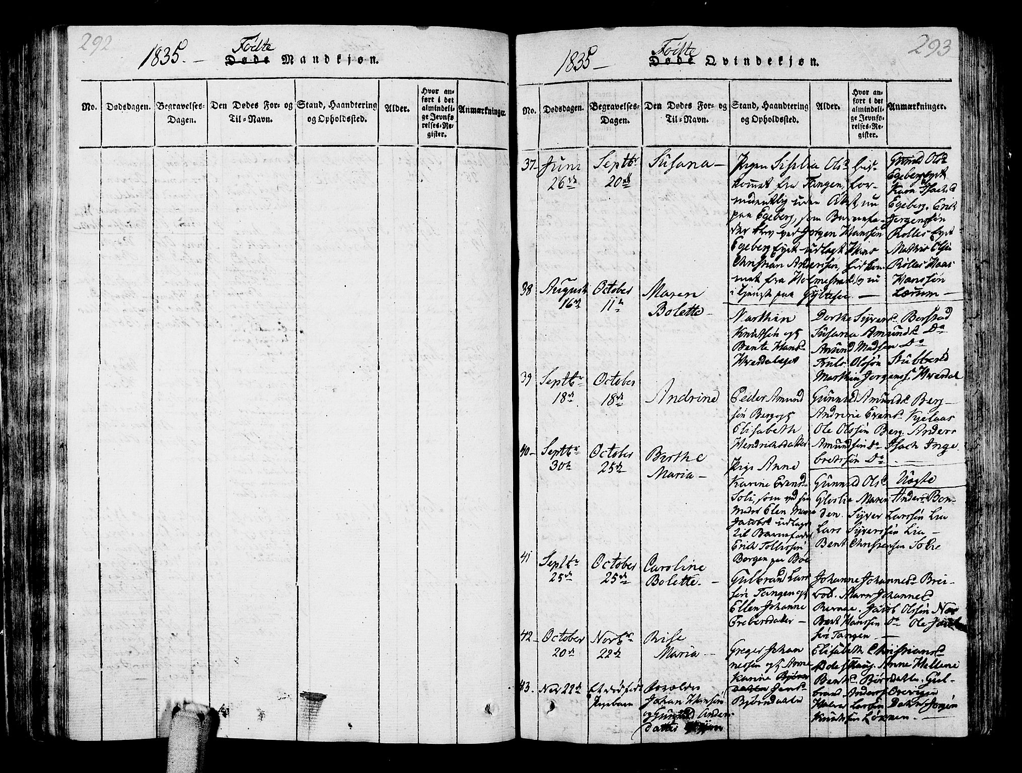 Sande Kirkebøker, AV/SAKO-A-53/G/Ga/L0001: Parish register (copy) no. 1, 1814-1847, p. 292-293