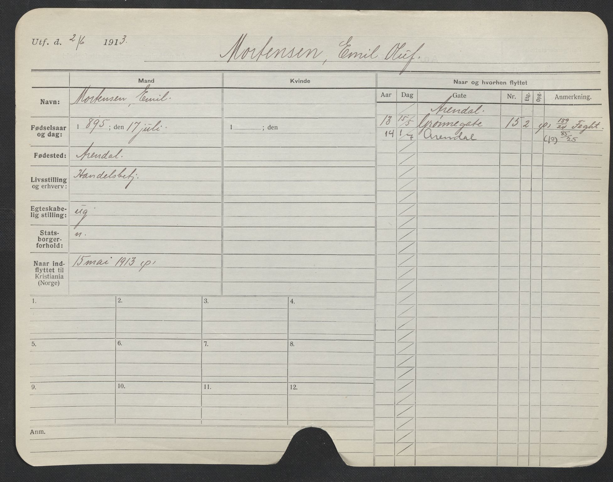Oslo folkeregister, Registerkort, AV/SAO-A-11715/F/Fa/Fac/L0007: Menn, 1906-1914, p. 878a