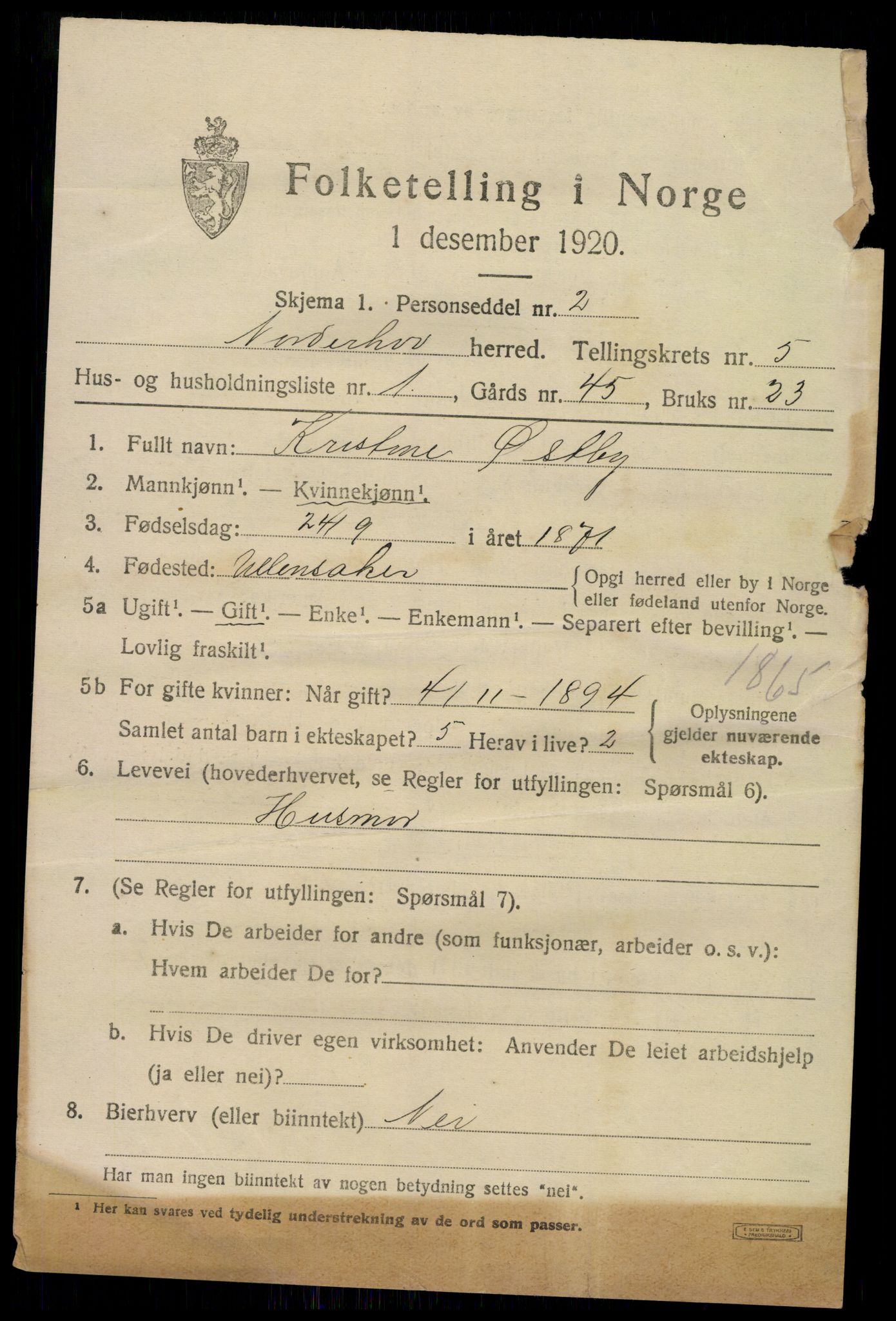 SAKO, 1920 census for Norderhov, 1920, p. 7401